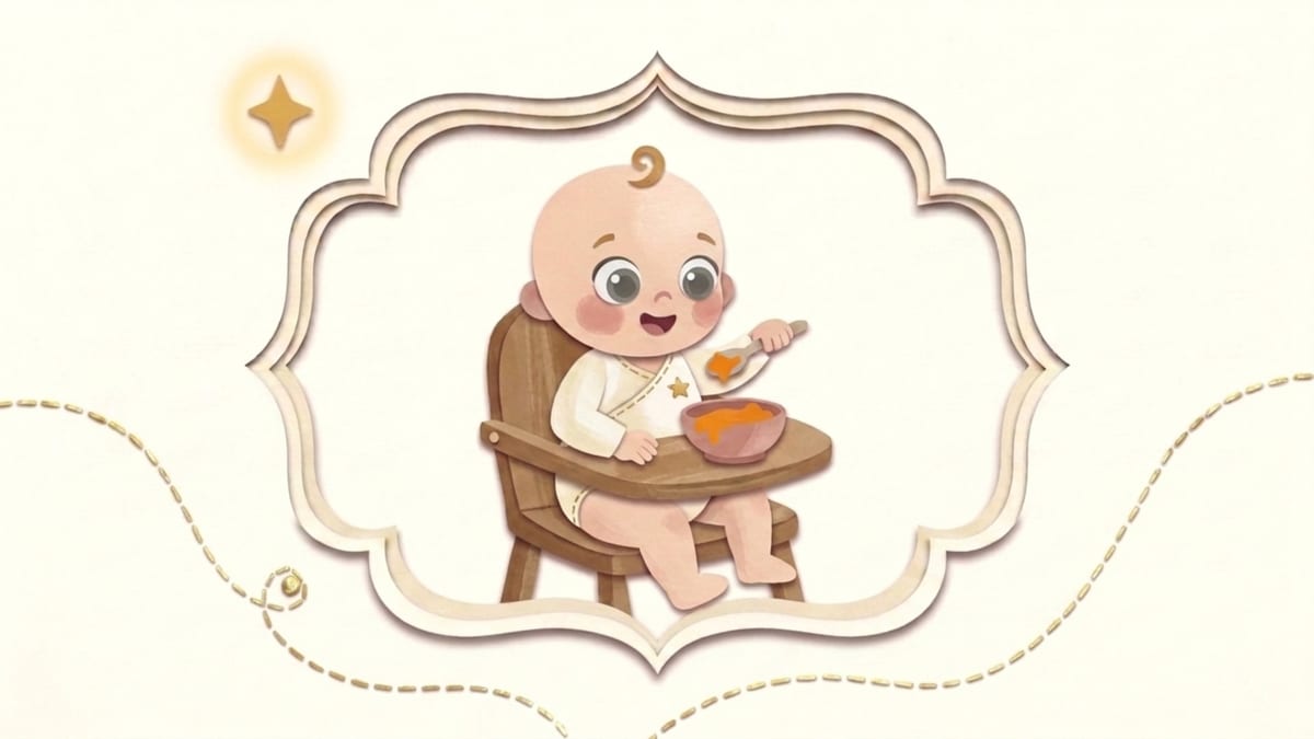 Papirnata ilustracija šestomjesečne bebe pri prvom obroku u hranilici u ukrasnom okviru - što očekivati od bebe u šestom mjesecu života
