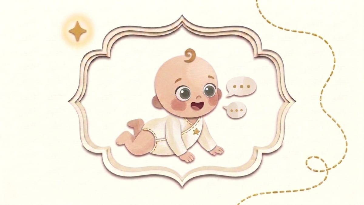 Papirnata ilustracija petomjesečne bebe koja guguće s malim govornim oblačićima u ukrasnom okviru - što očekivati od bebe u petom mjesecu života