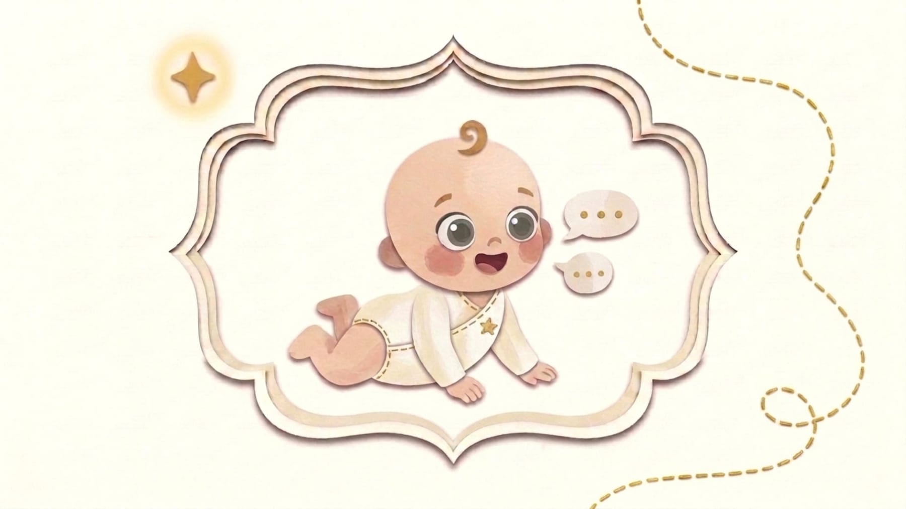 Papirnata ilustracija petomjesečne bebe koja guguće s malim govornim oblačićima u ukrasnom okviru - što očekivati od bebe u petom mjesecu života