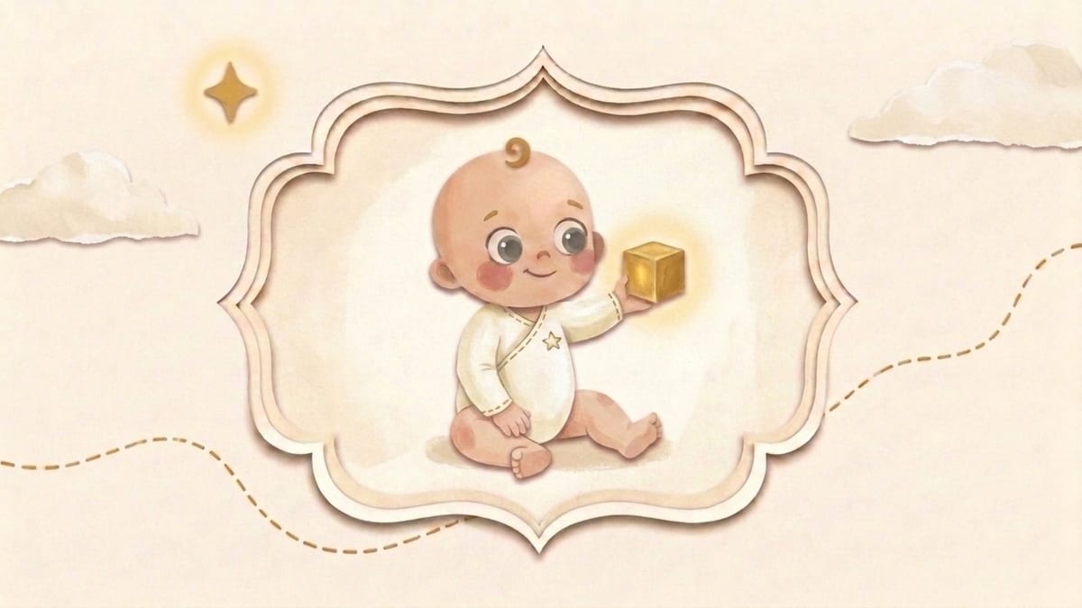 Papirnata ilustracija desetomjesečne bebe koja pruža zlatnu kocku da je podijeli u ukrasnom okviru - što očekivati od djeteta u desetom mjesecu života