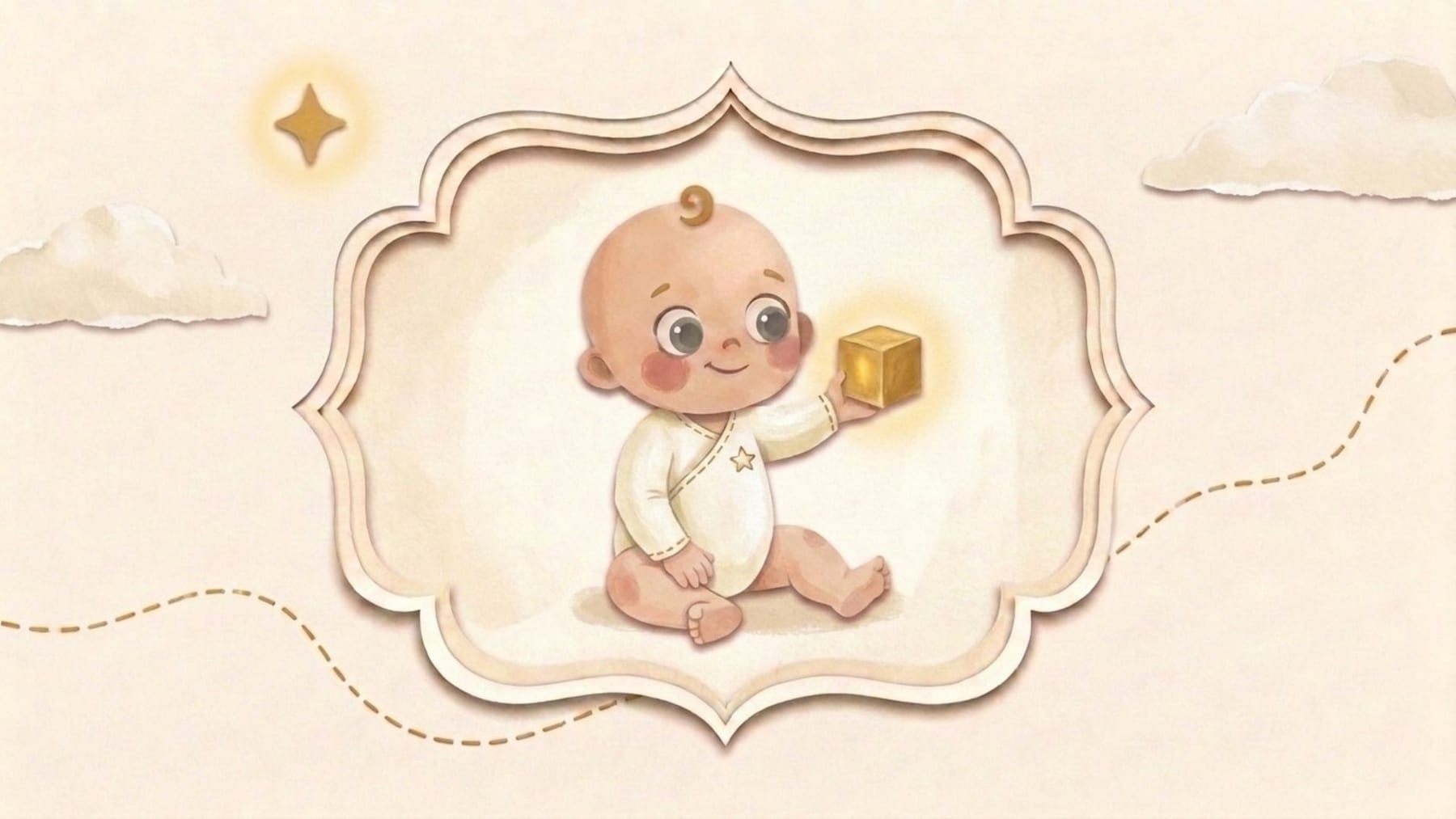 Papirnata ilustracija desetomjesečne bebe koja pruža zlatnu kocku da je podijeli u ukrasnom okviru - što očekivati od djeteta u desetom mjesecu života
