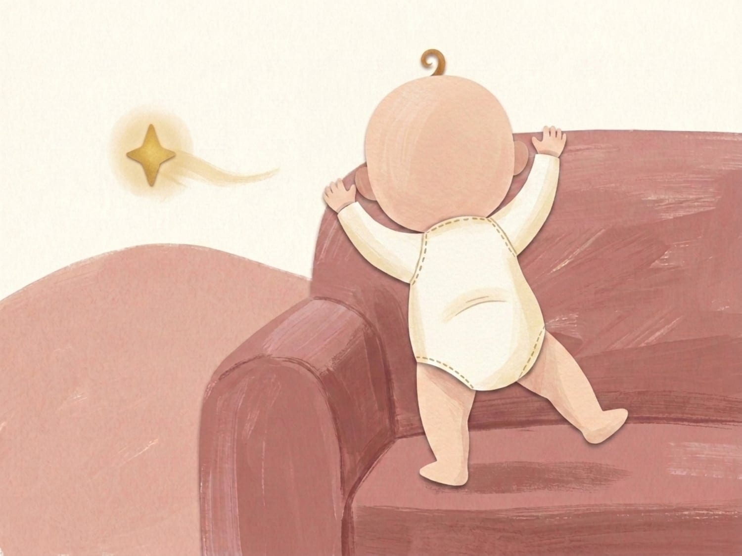 Papirnata ilustracija osmomjesečne bebe koja se pridiže i kreće uz kauč dok je zlatna iskra vodi - prvi korak prema hodanju