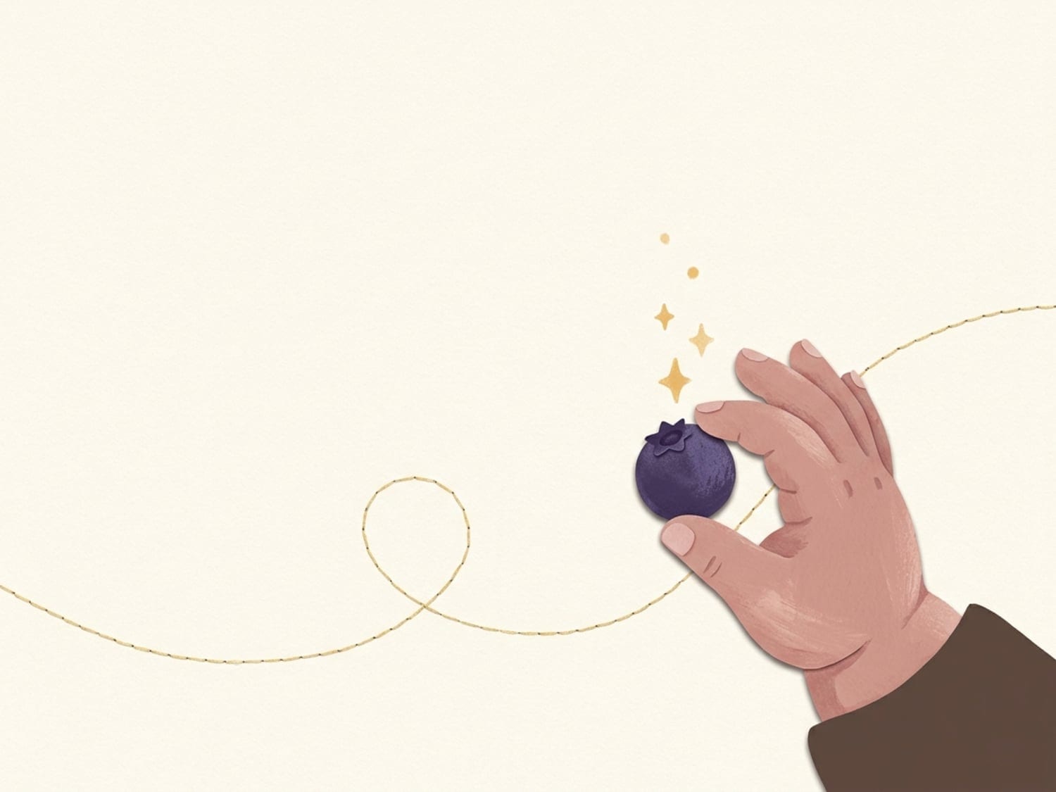 Papirnata ilustracija male ruke koja palcem i kažiprstom hvata borovnicu uz zlatnu iskru - vježbanje pincetnog hvata u osmom mjesecu