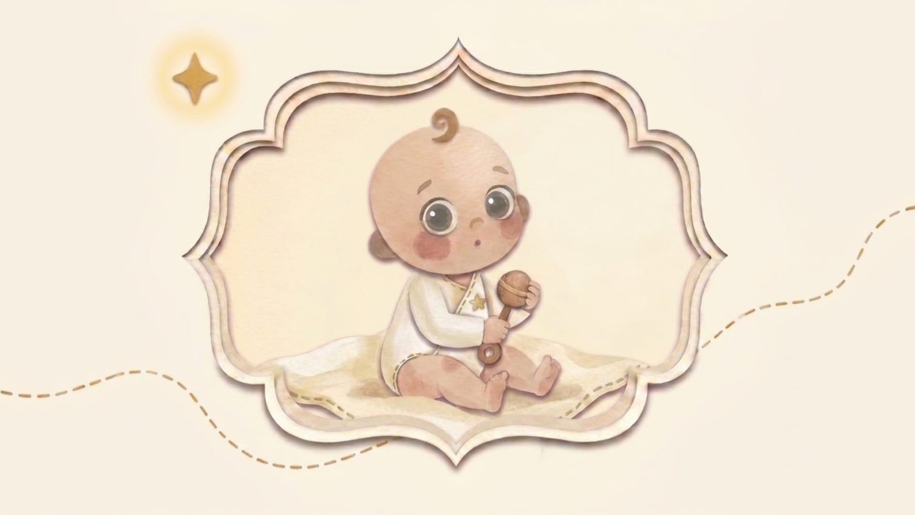 Papirnata ilustracija sedmomjesečne bebe koja sjedi na dekici i drži zvečku u ukrasnom okviru - što očekivati od bebe u sedmom mjesecu života