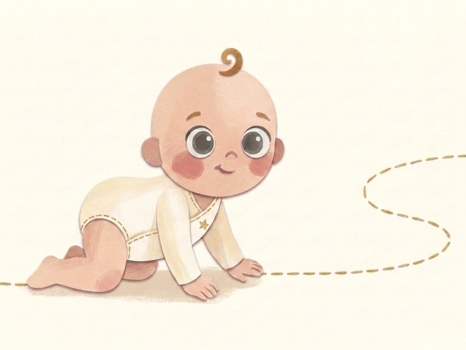 Papirnata ilustracija sedmomjesečne bebe koja puže uz zlatnu nit - ništa nadohvat ruke više nije sigurno