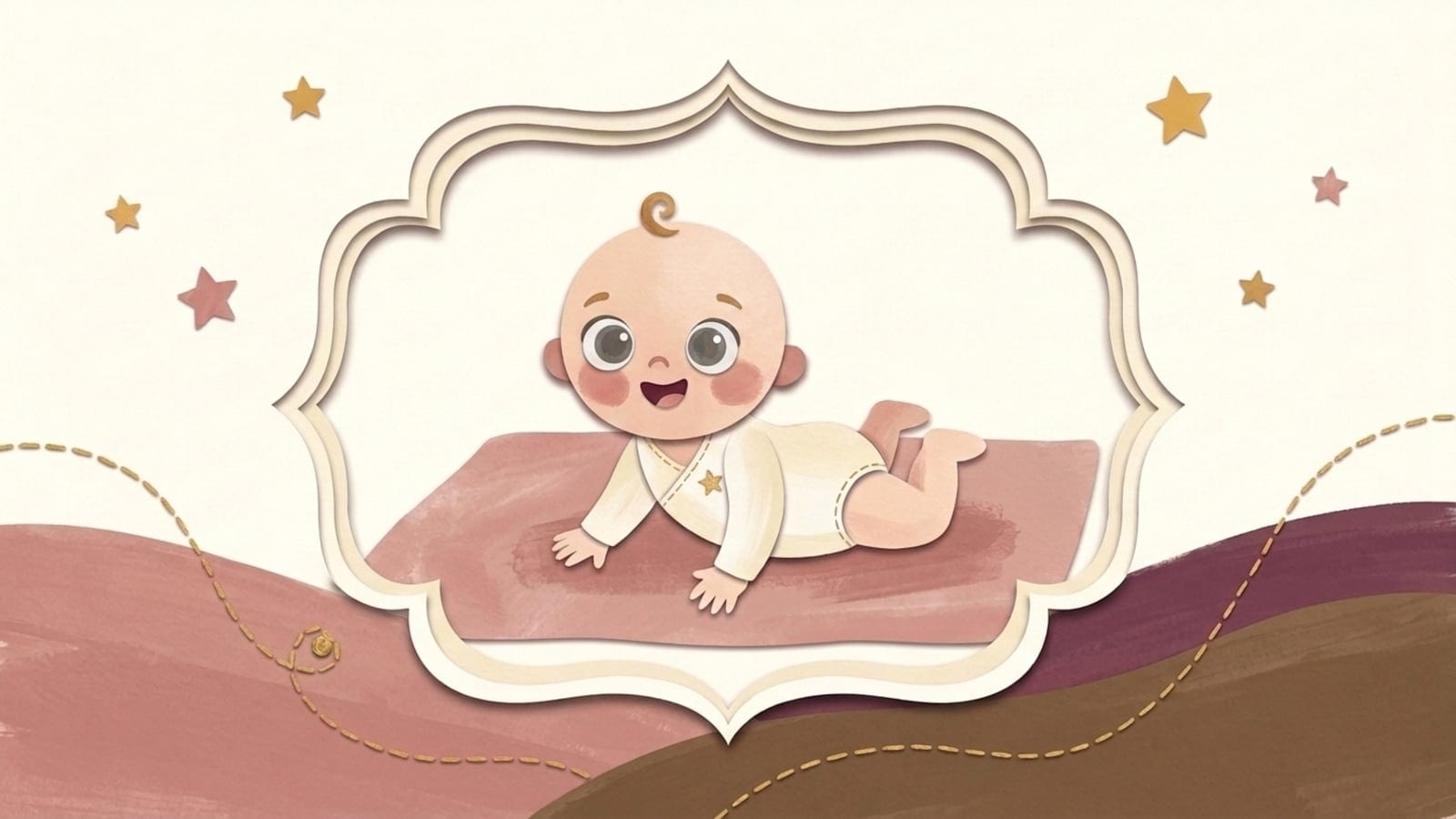 Papirnata ilustracija nasmiješene tromjesečne bebe tijekom vremena na trbuhu u ukrasnom okviru - što očekivati od novorođenčeta u trećem mjesecu života