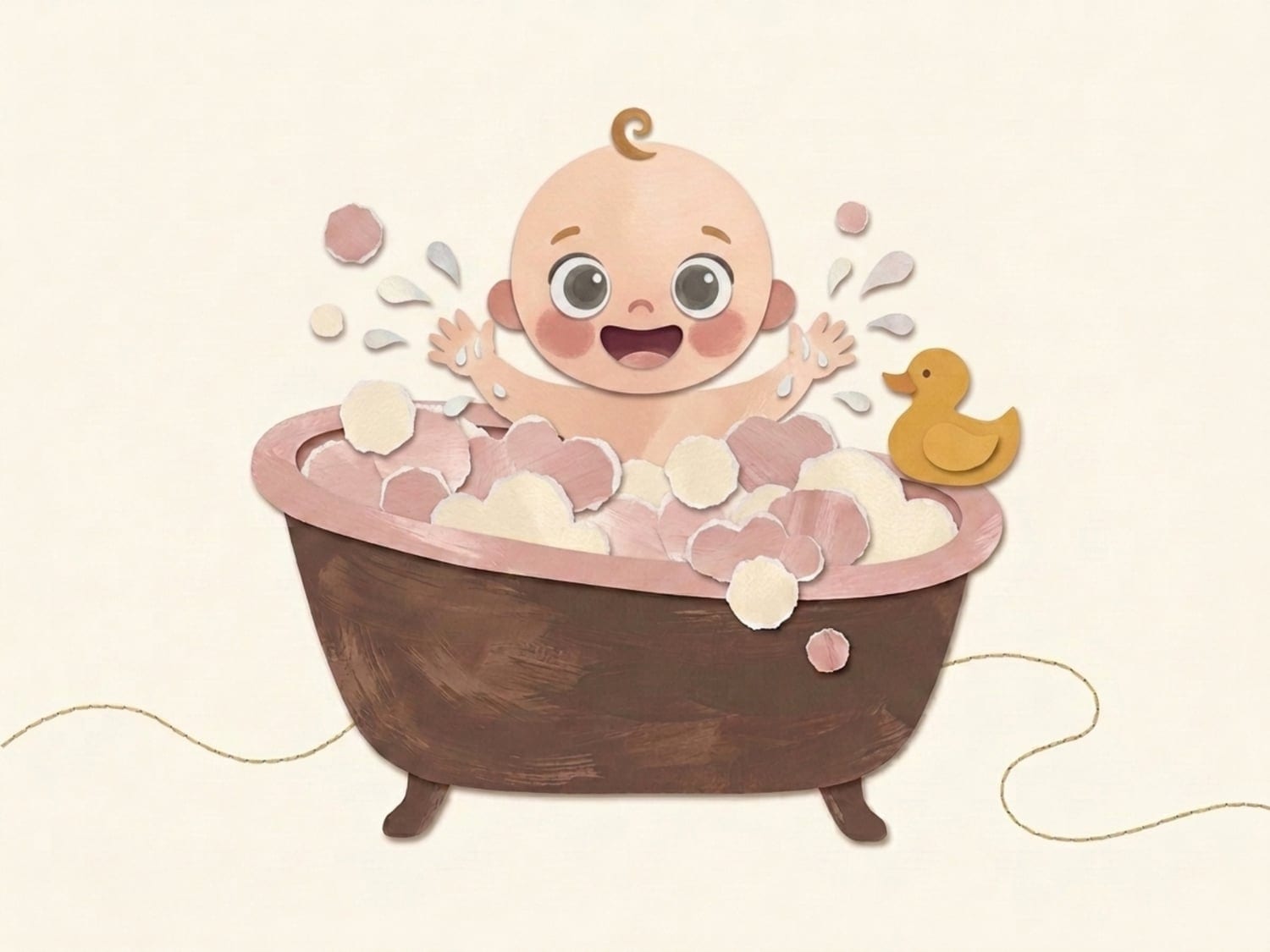 Papirnata ilustracija jednogodišnje bebe koja se sretno pljuska u kadici punoj mjehurića s patkicom - ljubav prema kupanju vraća se u dvanaestom mjesecu