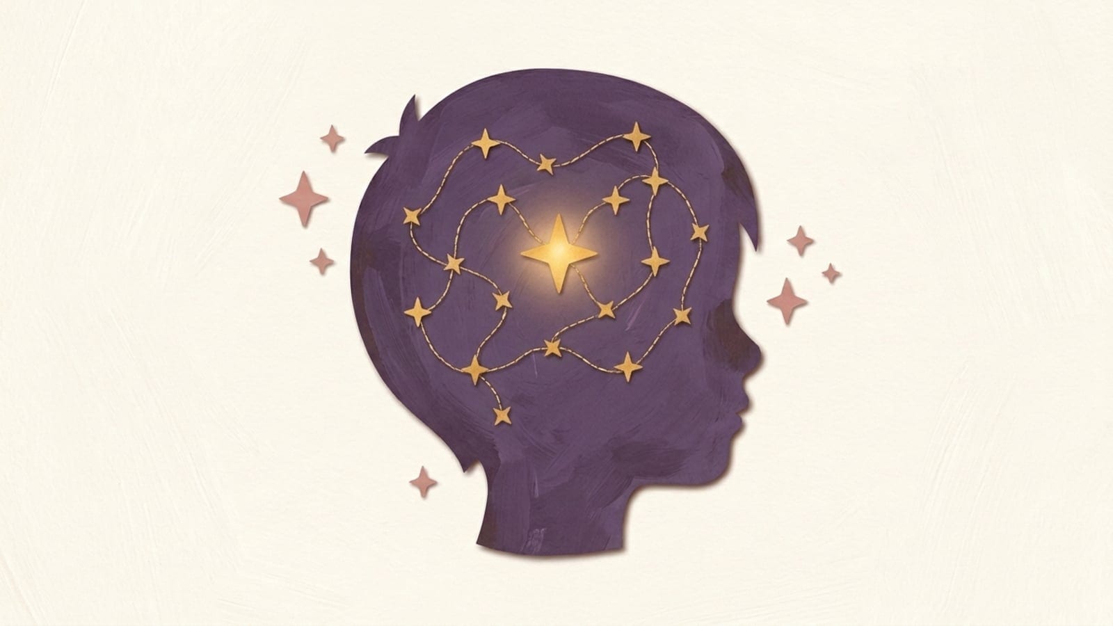 Papercut illustration of a child's head in profile with a glowing constellation of golden stars inside - signs of a gifted child