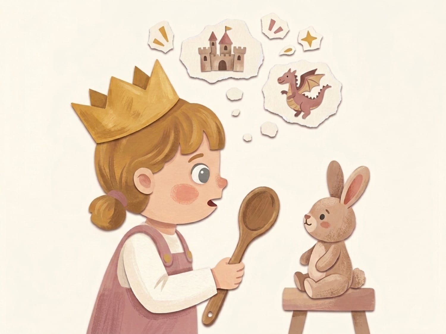 Papercut illustration of a child playing pretend with a spoon and a crown and telling a story to a plush toy rabbit - symbolic play in Piaget's preoperational stage