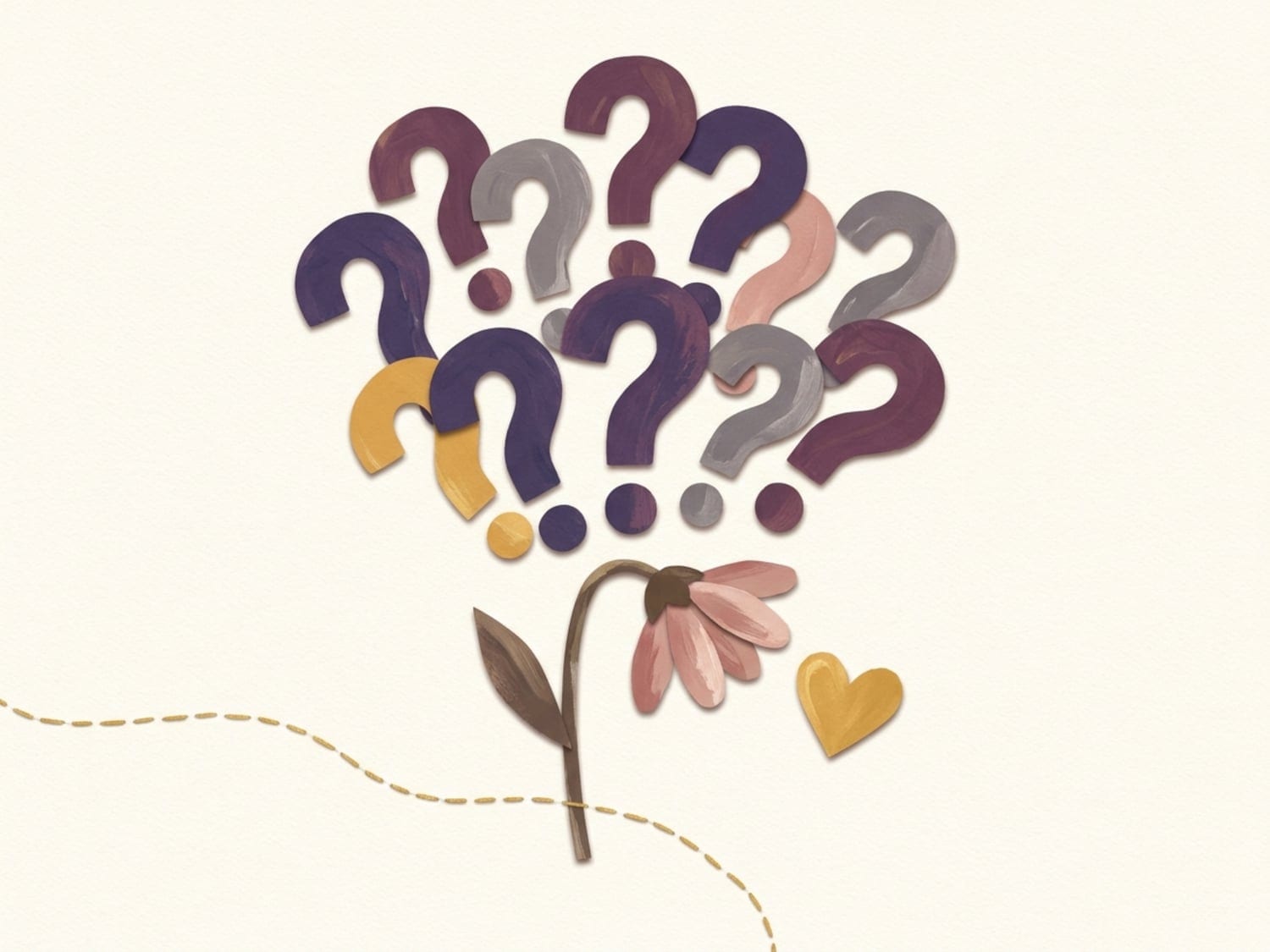 Papercut illustration of a flower whose blooms are a cluster of question marks, drooping beside a gold heart - constant quizzing overwhelms rather than helps