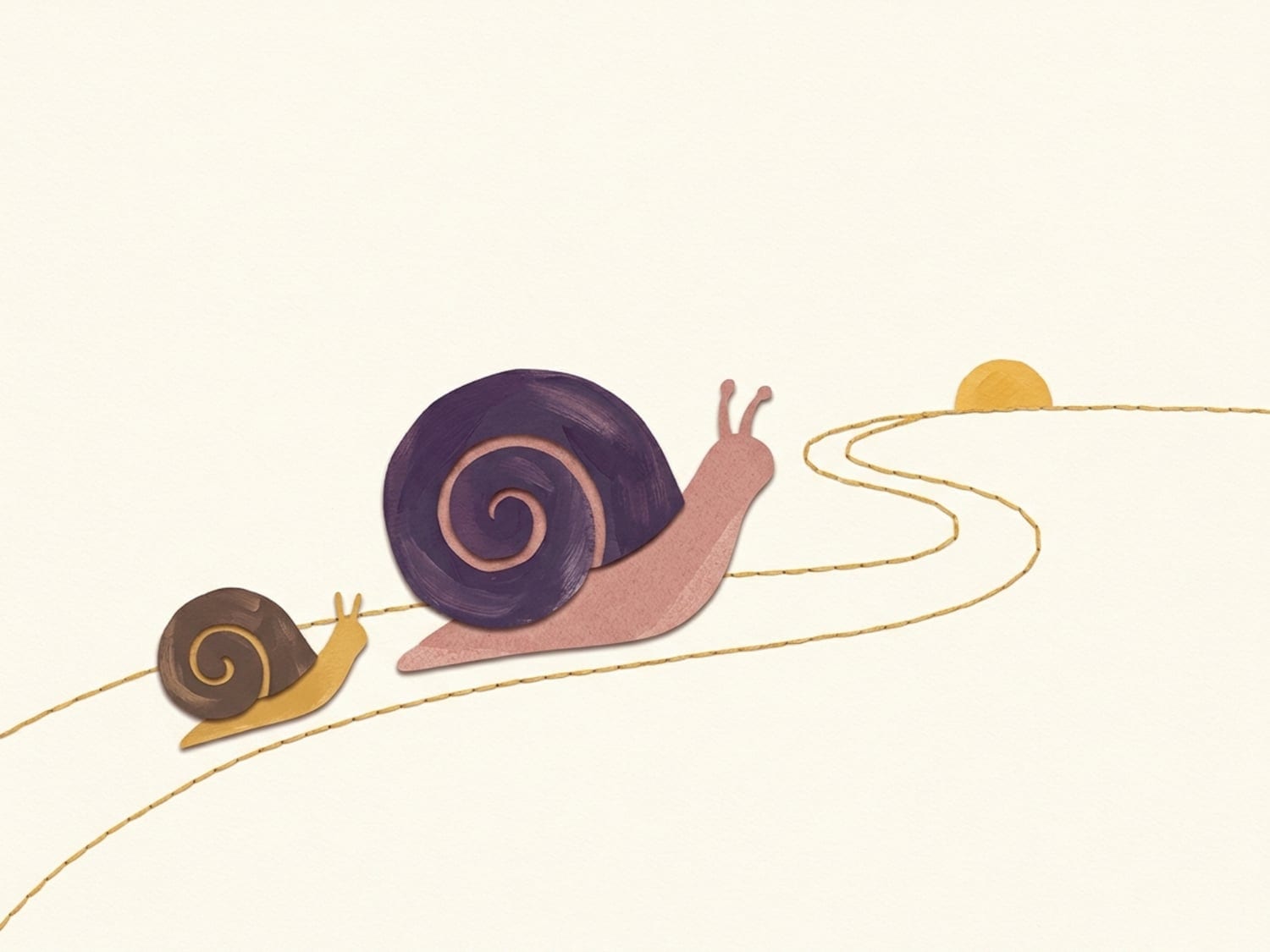 Papercut illustration of a small and a large snail ambling along a winding path toward the sun - at three, time feels limitless and unhurried