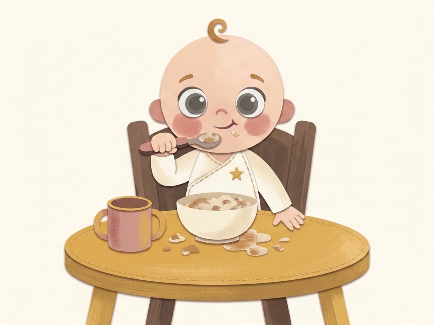 Papirnata ilustracija djeteta u hranilici koje samostalno jede žlicom uz čašu - samostalno jedenje u osamnaestom mjesecu