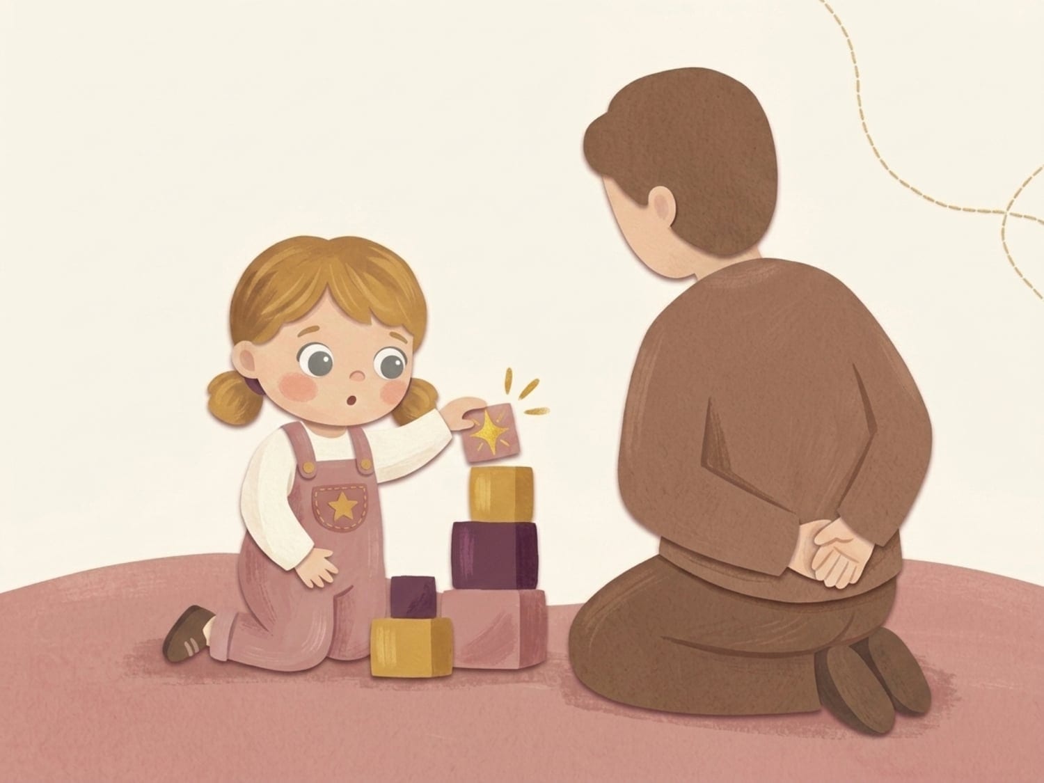 Papercut illustration of a girl building with blocks, while parent watches without interfering, offering help only when the child asks for it