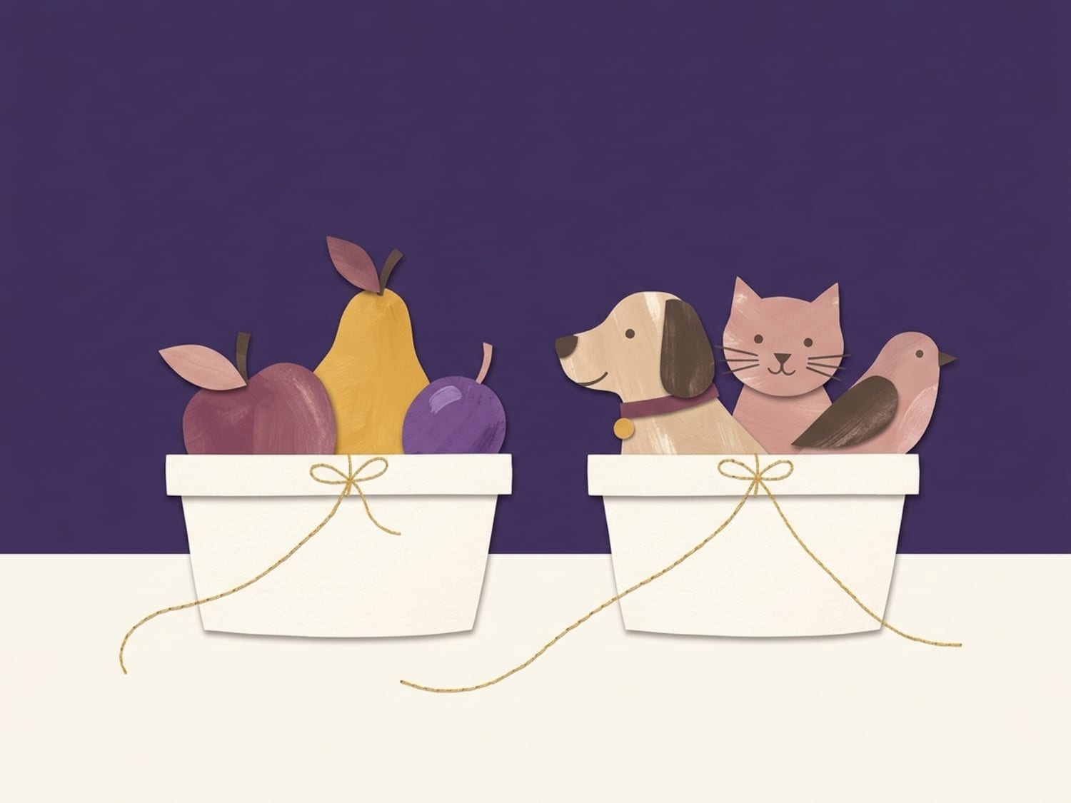 Papercut illustration of two baskets, one of fruit and one of animals, linked by golden threads - grouping things into categories to build vocabulary