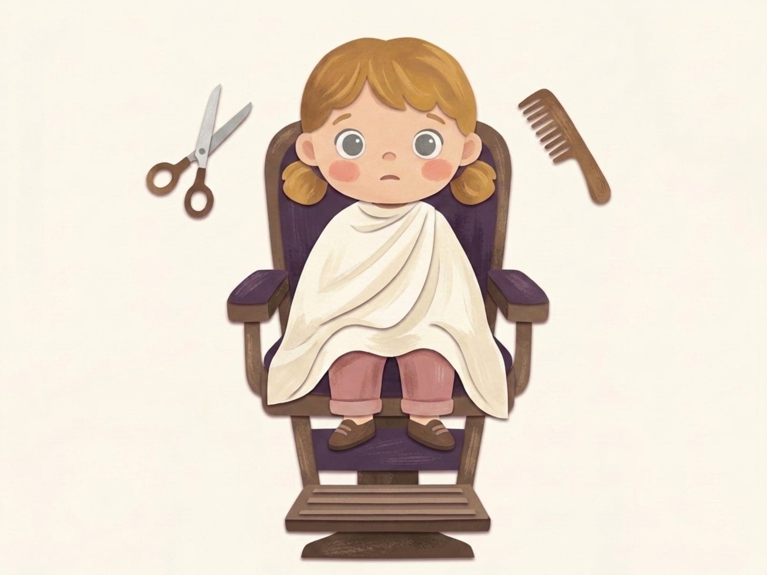 Papirnata ilustracija zabrinutog djeteta u frizerskoj stolici sa škarama i češljem u blizini - prvi doživljaji poput šišanja mogu izazvati burne reakcije s četiri godine