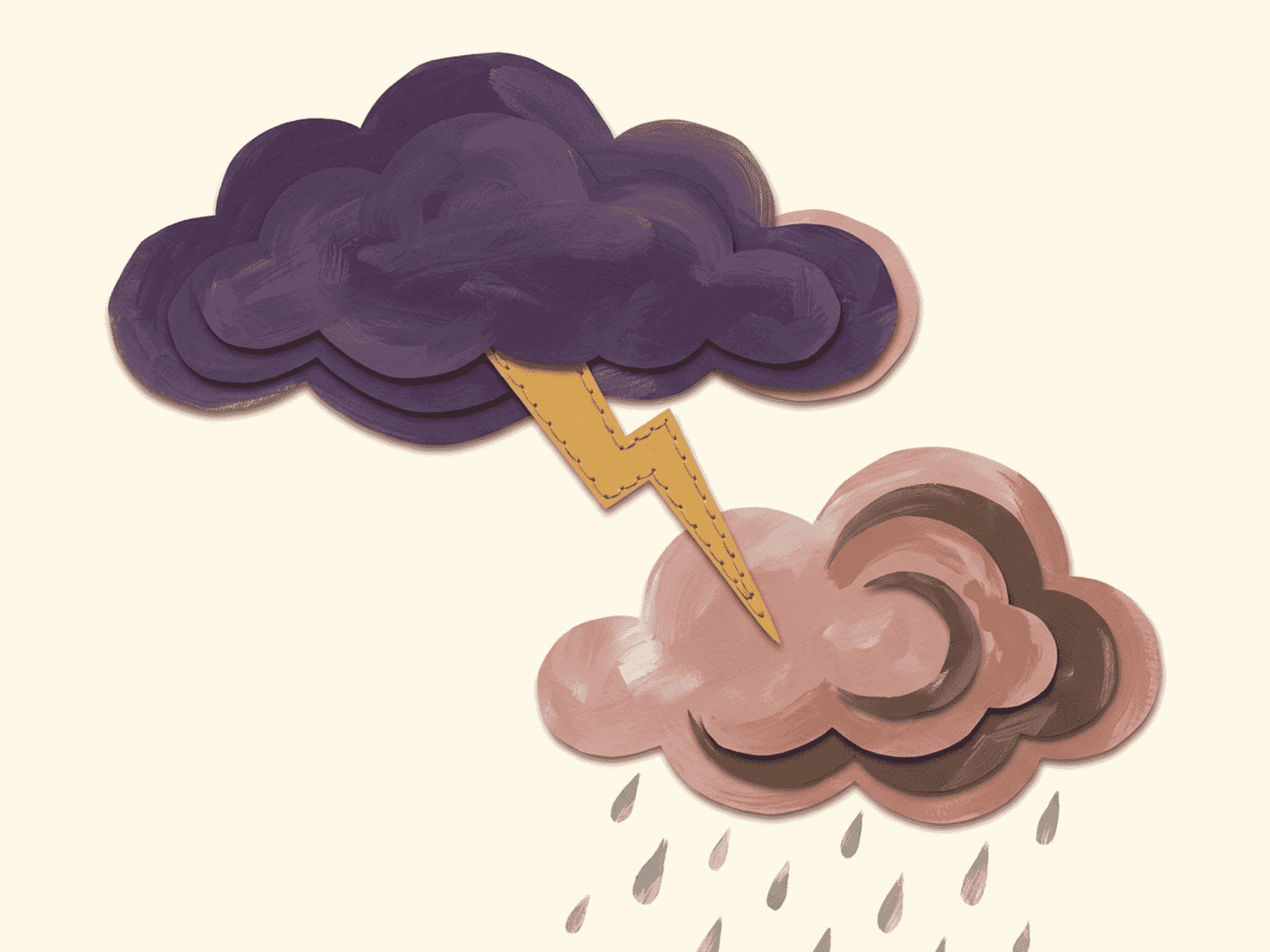 Papercut illustration of a large storm cloud striking a smaller cloud with a lightning bolt as it rains - yelling only pours fuel on an overwhelmed child