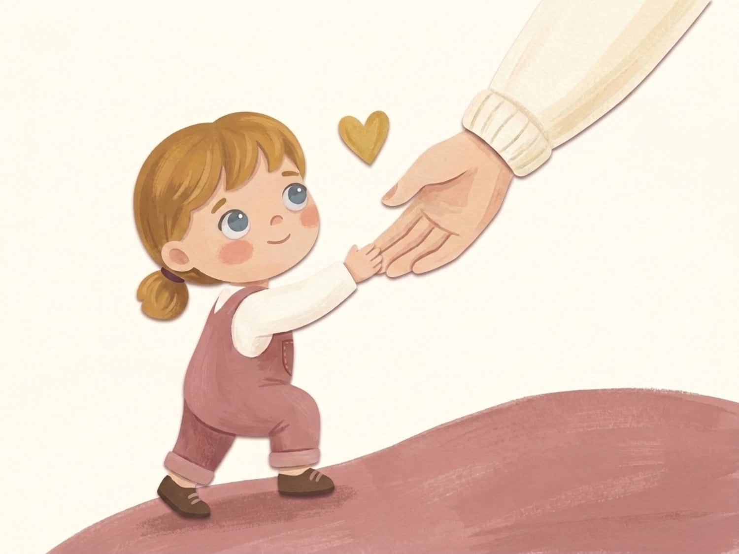 Papercut illustration of a small child reaching up to hold a parent's hand with a golden heart between them - seeking comfort while growing up at three and a half