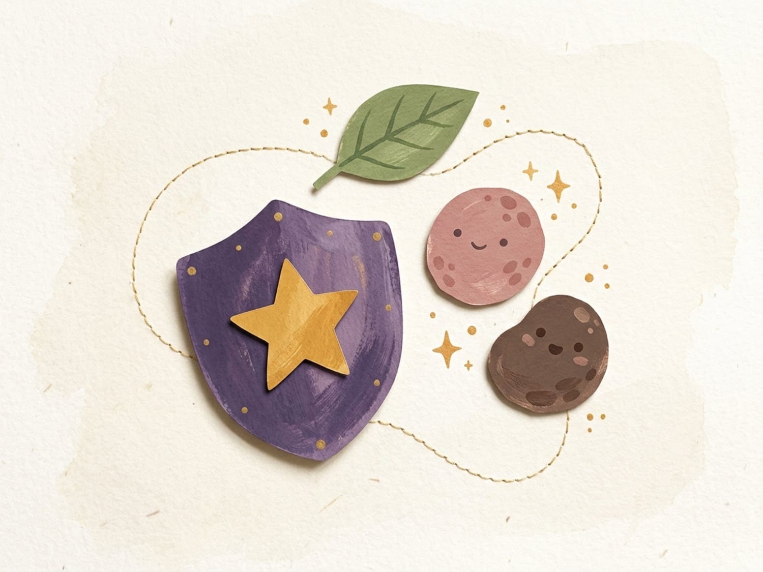 Papercut illustration of a shield with a star, a leaf and two friendly microbes - everyday germs help train a child's strengthening immune system