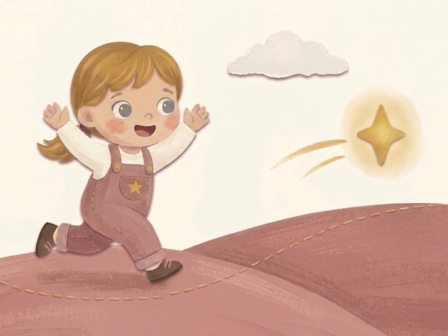 Papercut illustration of a toddler running joyfully up a hill path chasing a glowing golden star - three and a half year olds love to run and jump