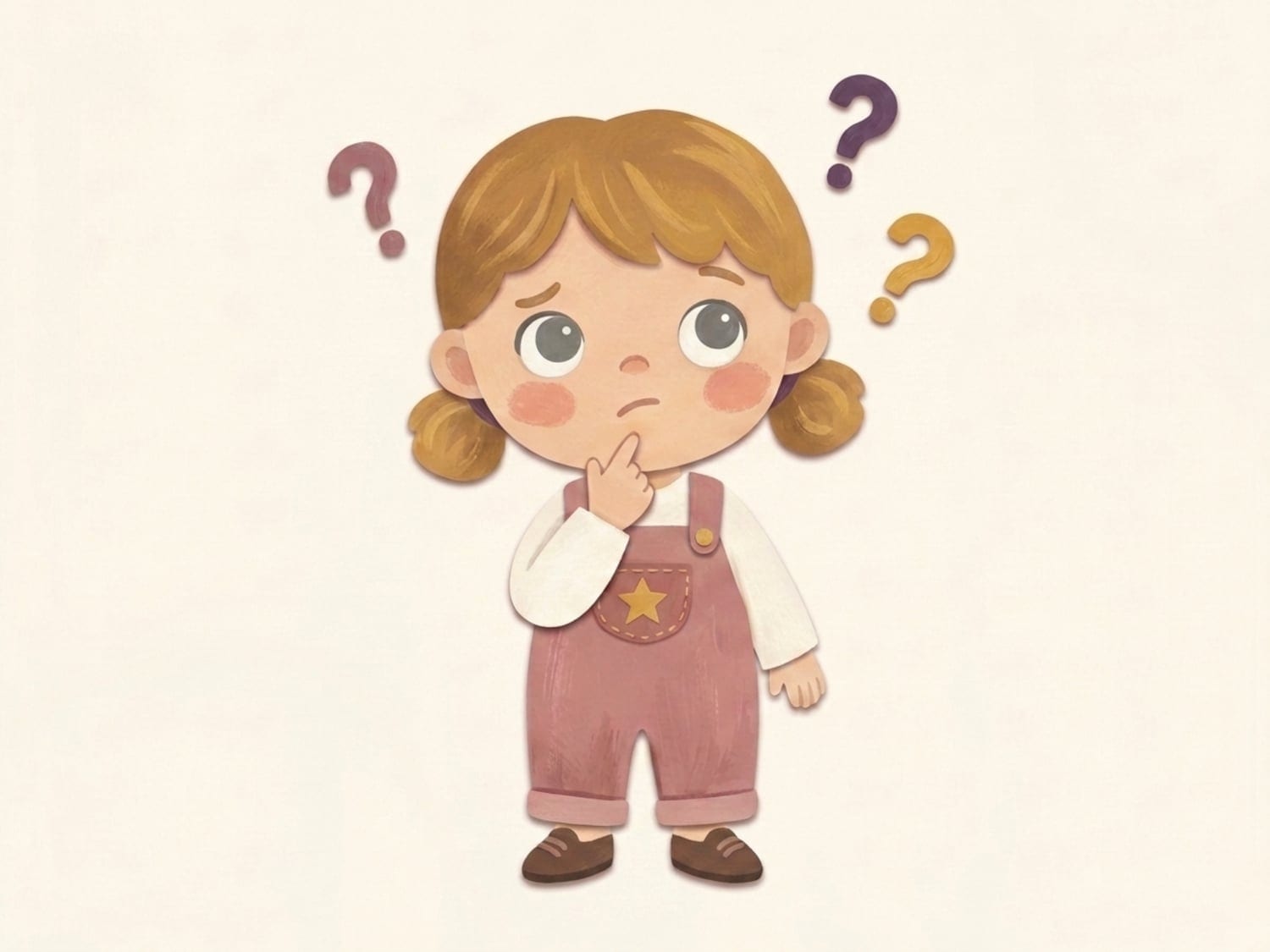 Papercut illustration of a curious toddler with a finger to her chin and question marks floating around her - the endless why questions at two and a half