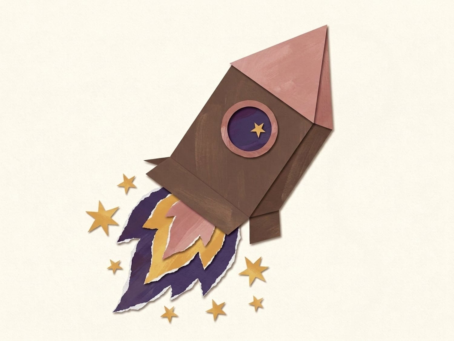Papercut illustration of a cardboard box turned into a pretend rocket among stars - after the second year everyday things become spaceships