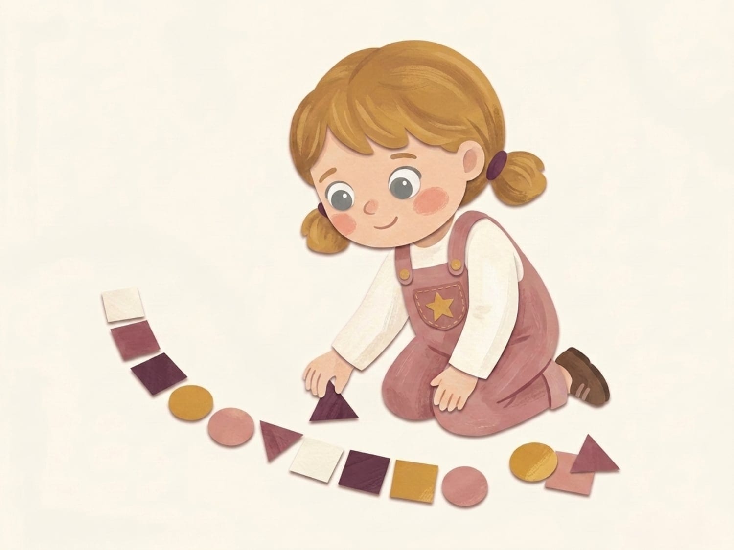 Papirnata ilustracija djeteta koje kleči i slaže papirnate oblike u niz - dulja i usredotočenija samostalna igra u trećoj godini