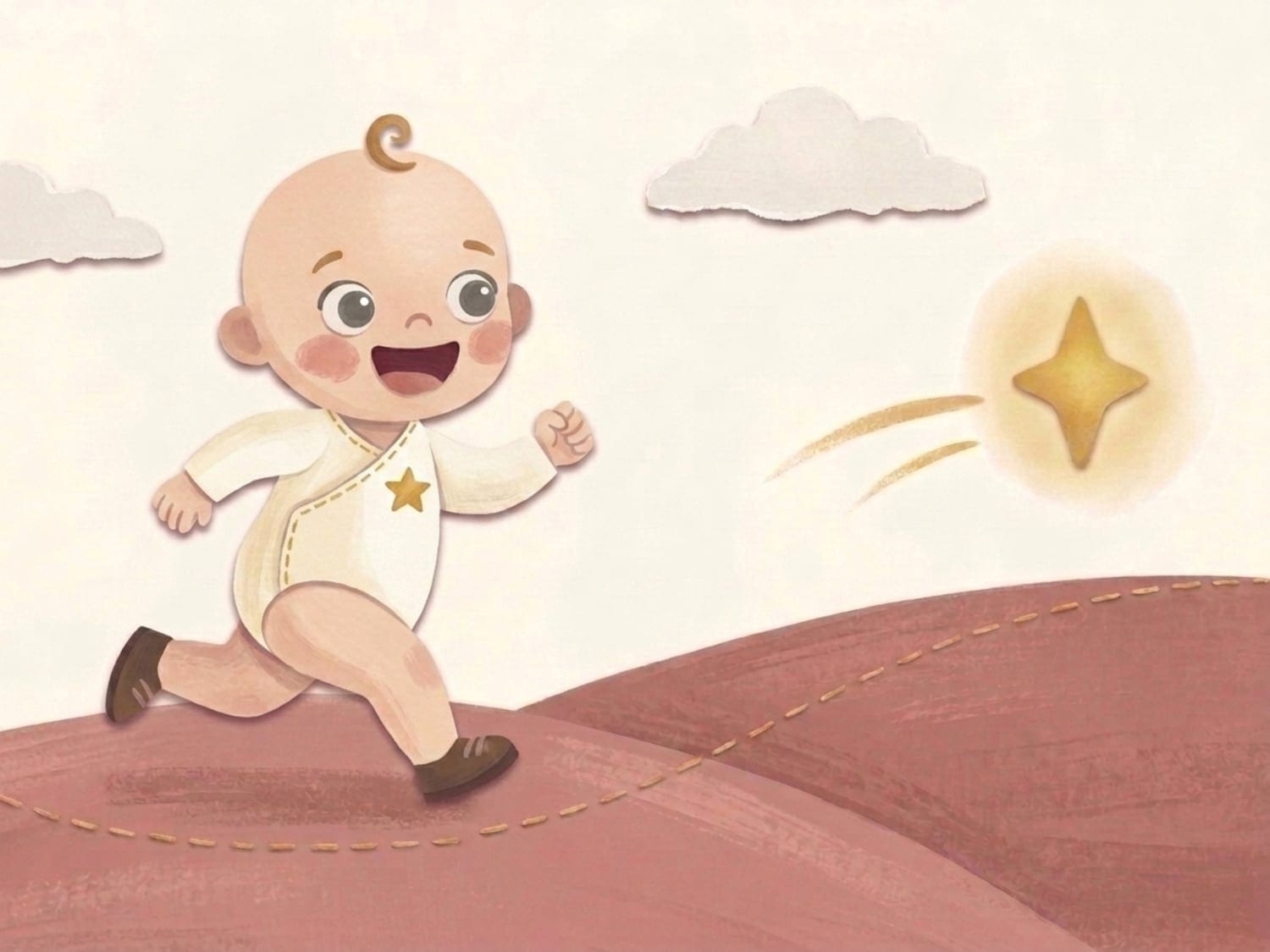 Papirnata ilustracija djeteta koje veselo trči stazom dok zlatna iskra juri ispred - hodanje se pretvorilo u trčanje