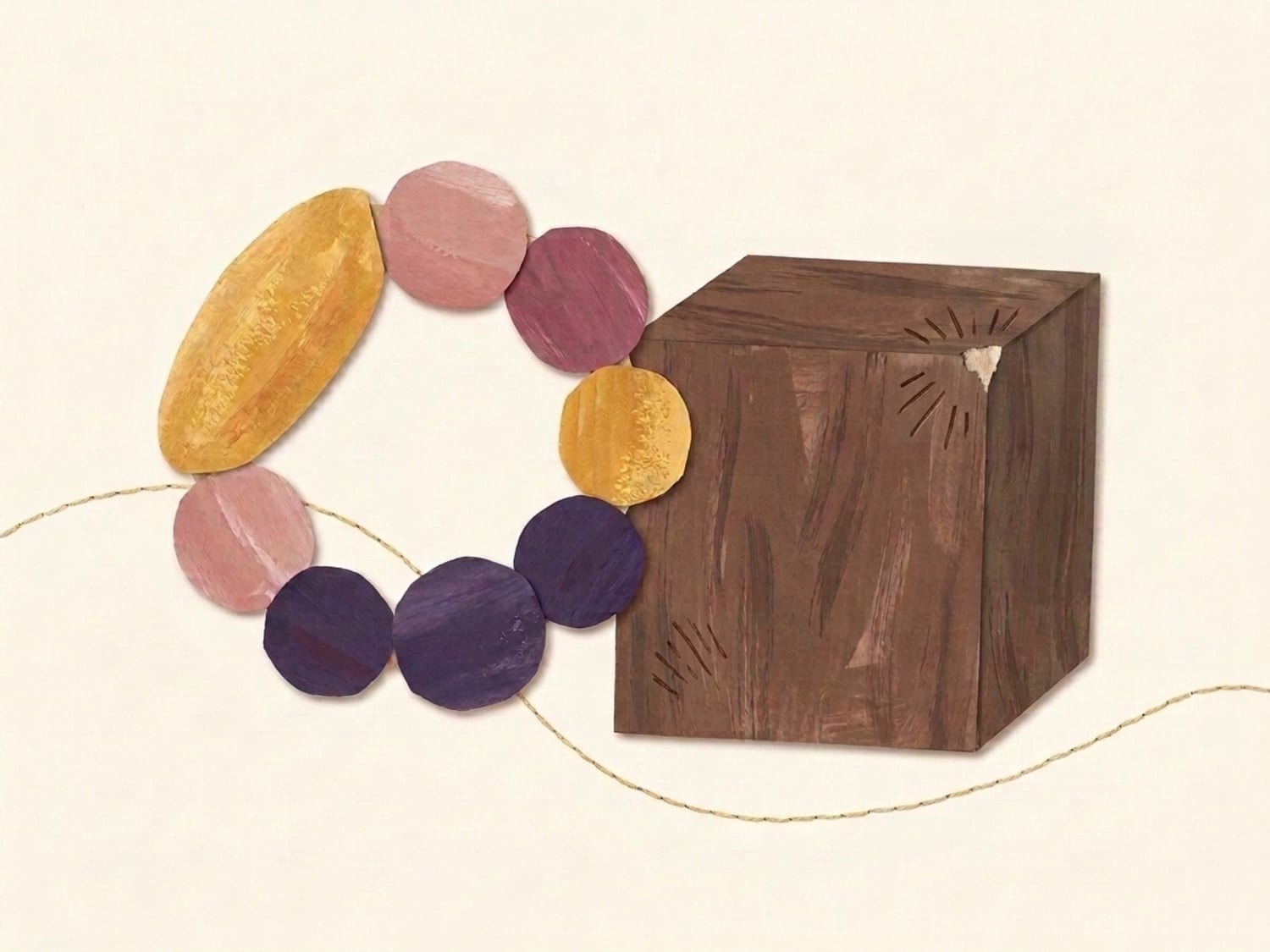 Papercut illustration of a teething ring and a wooden block with a bite taken out and tooth marks - everything gets tested with new teeth in the biting phase