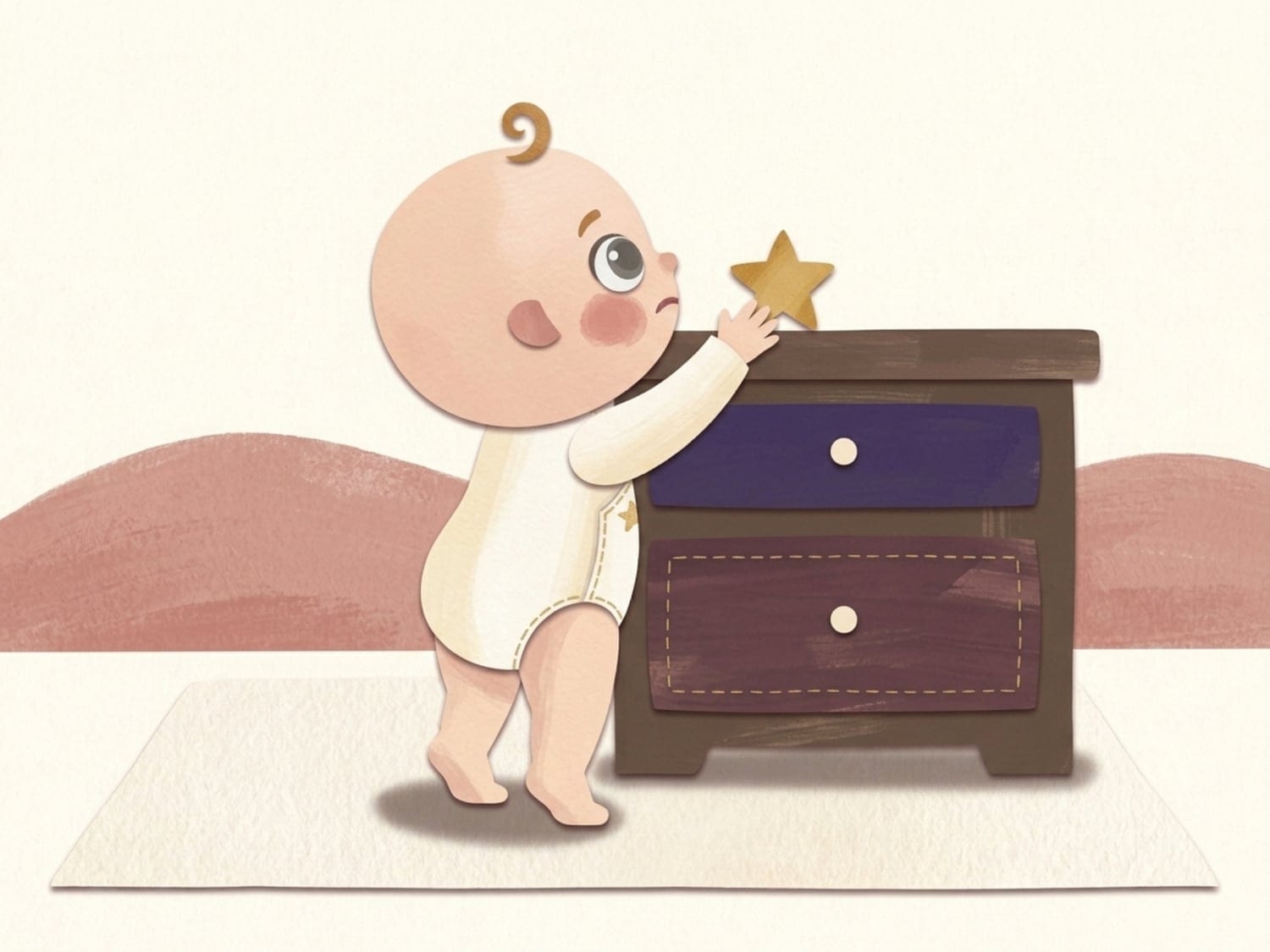 Papercut illustration of an eleven-month-old baby standing on tiptoe at a drawer to reach a gold star toy - using new legs to reach higher