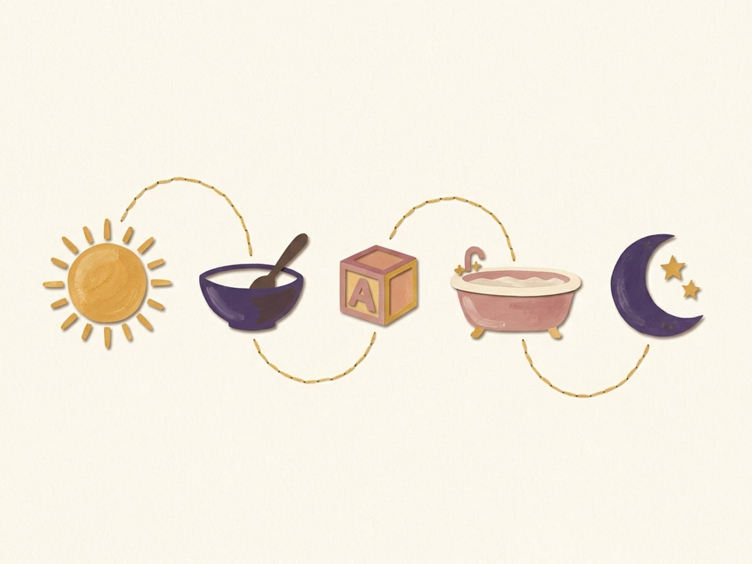 Papercut illustration of a daily rhythm in a row - a sun, a bowl, a toy block, a bathtub and a moon linked by a golden thread - the comfort of a new routine