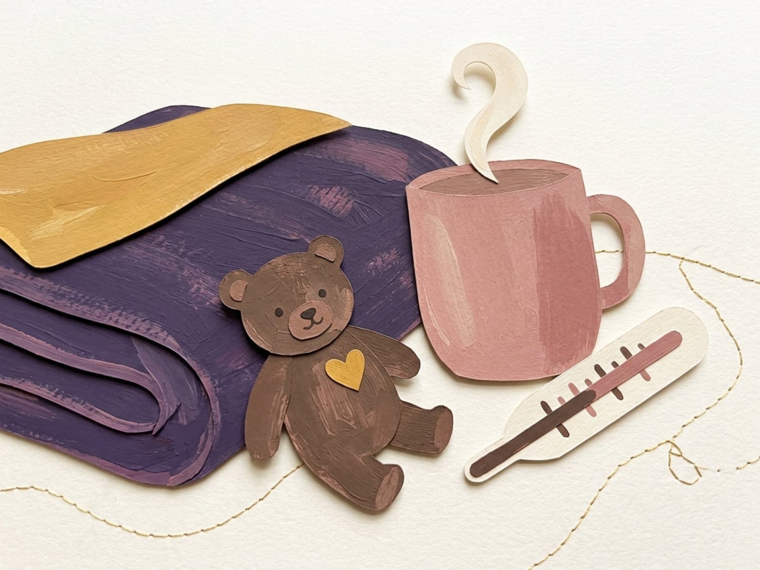 Papercut illustration of a folded blanket, a teddy, a steaming mug and a thermometer - rest and cuddles through the first real fever