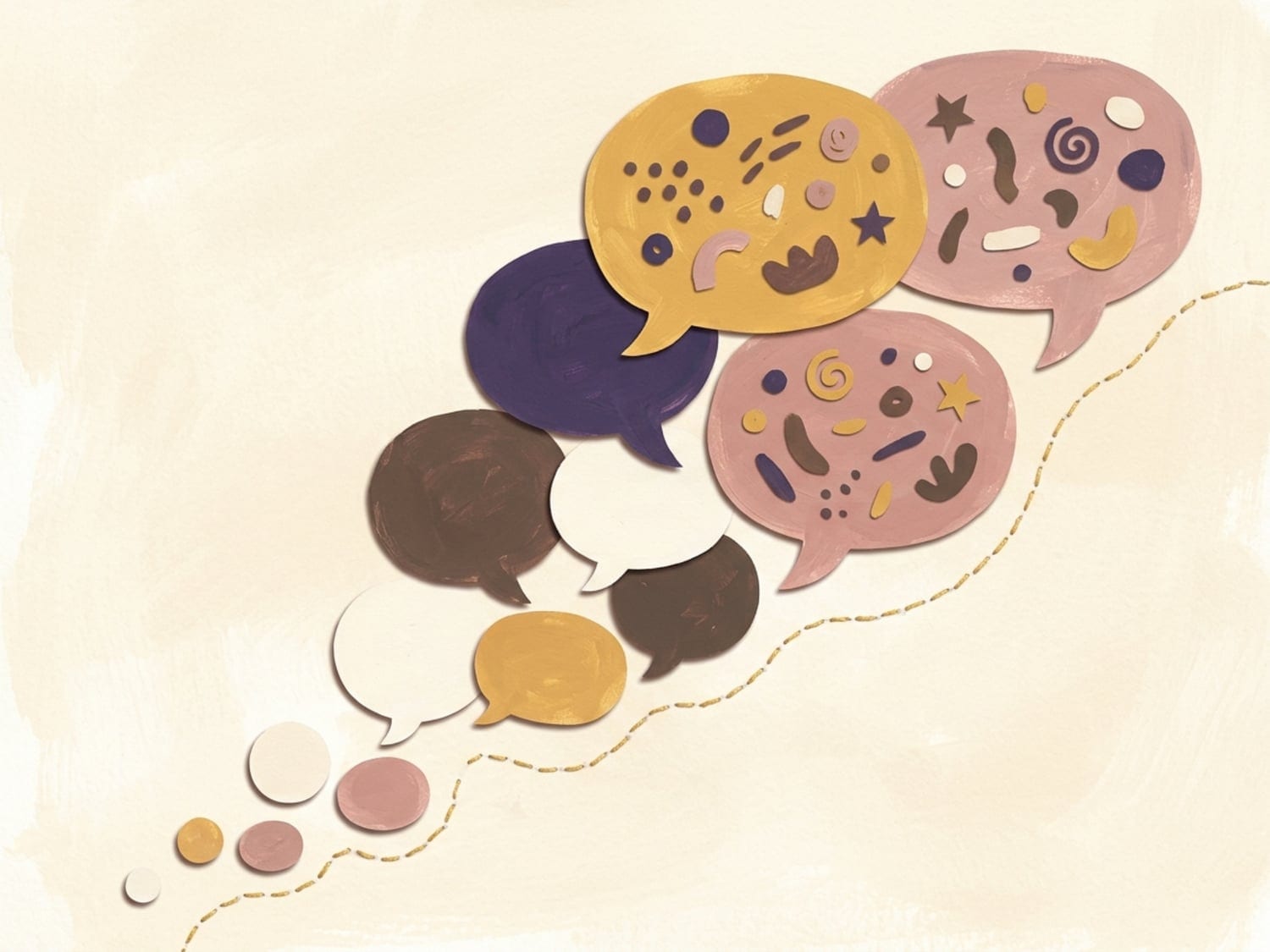 Papercut illustration of speech bubbles growing from tiny to large along a golden thread - the language explosion can arrive almost overnight