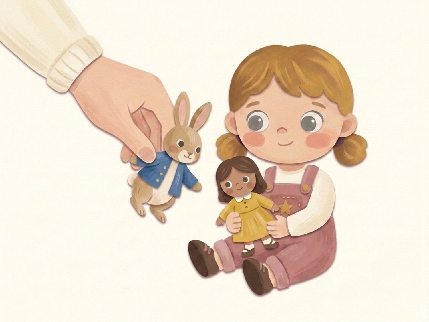 Papercut illustration of a child holding a doll while a parent's hand offers a toy rabbit - children need connecting play with grown-ups as well as solo play