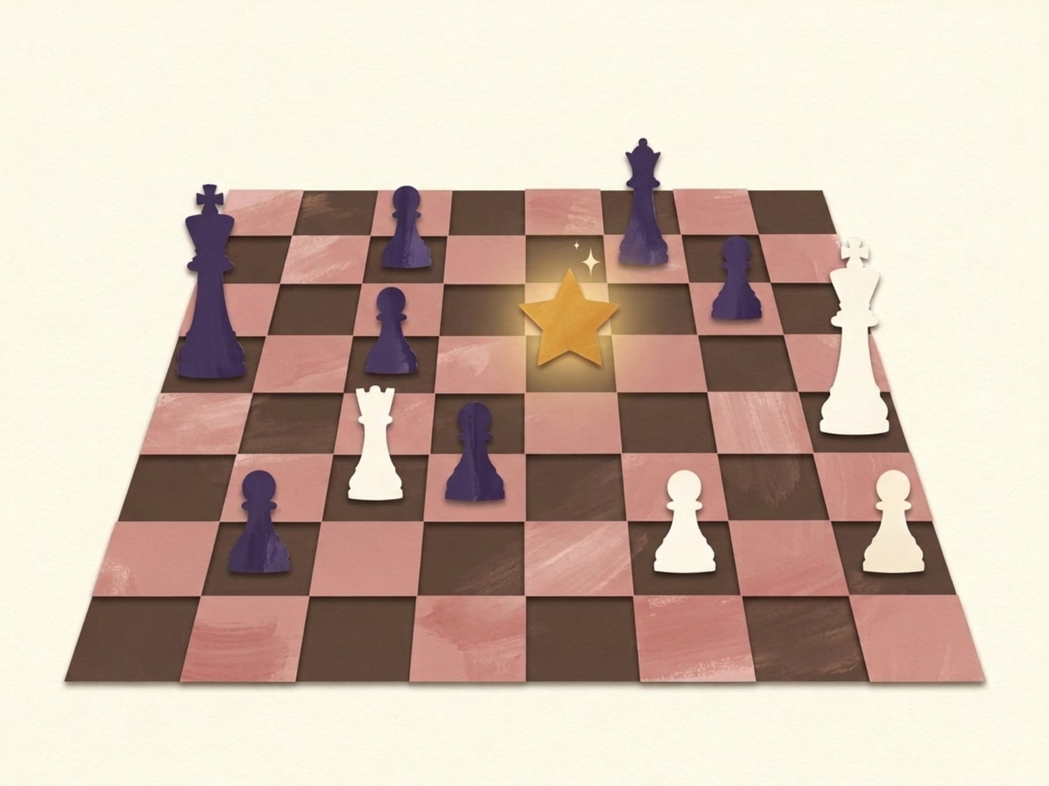Papercut illustration of a chessboard mid-game with plum and cream pieces and a glowing gold star square - chess as a workout for working memory