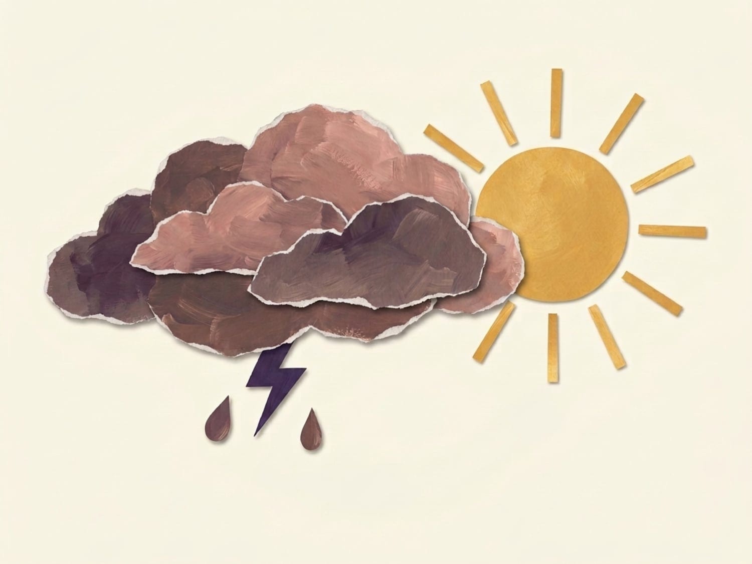 Papercut illustration of a stormy cloud with a lightning bolt beside a bright sun - big emotional swings during the developmental leap around age three