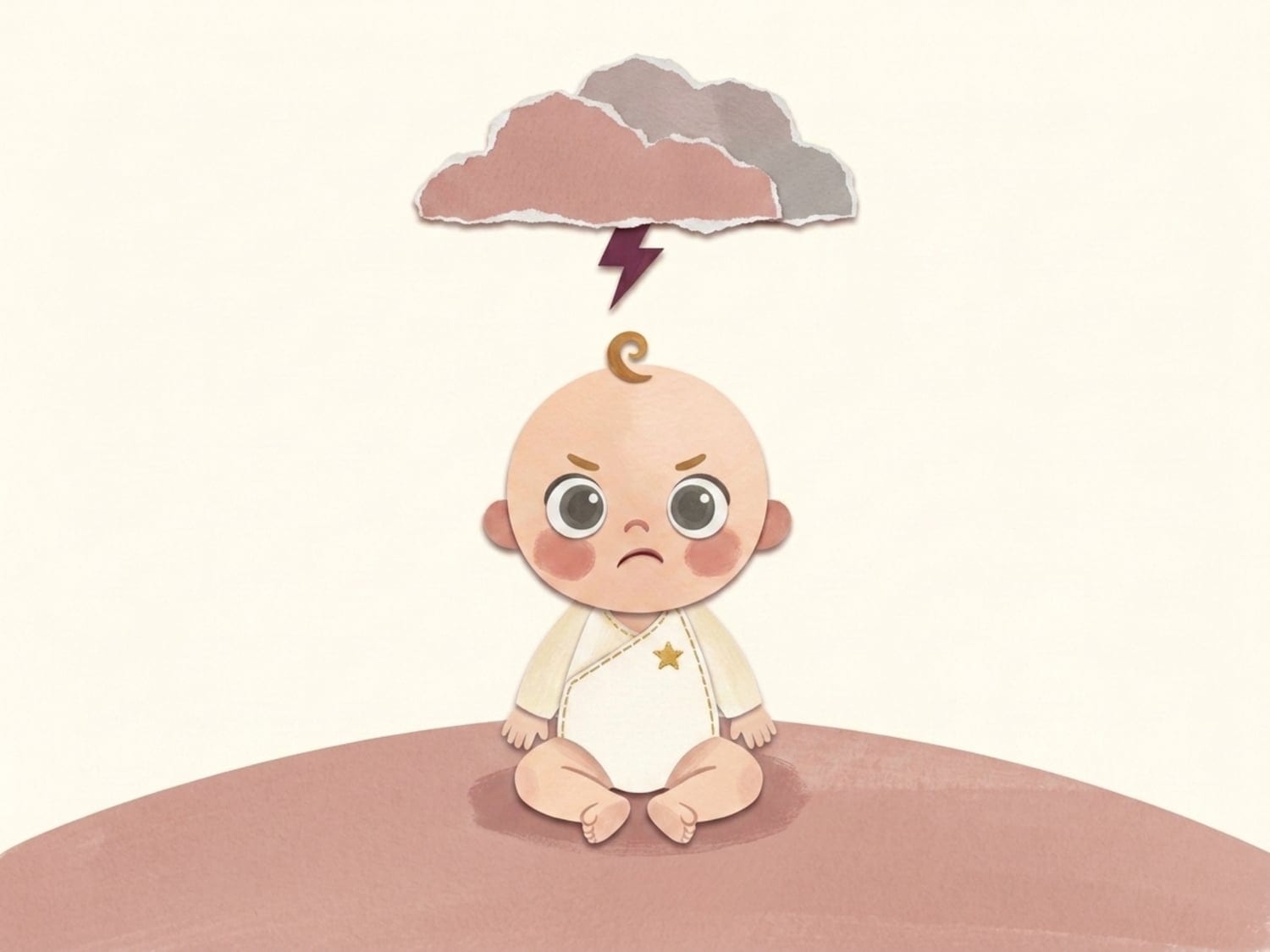 Papercut illustration of a toddler frowning under a small storm cloud and lightning bolt - big feelings meeting a small vocabulary in a mini tantrum