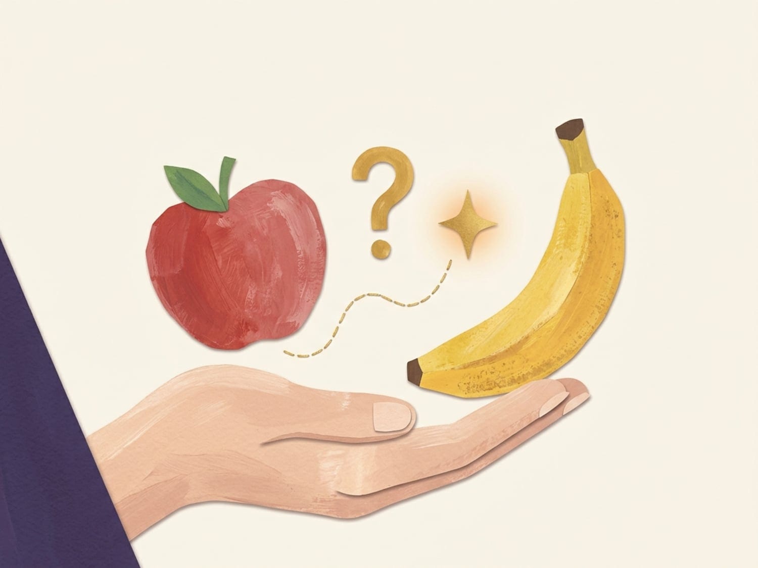 Papirnata ilustracija roditeljske ruke koja nudi jabuku i bananu s upitnikom između njih - jednostavni izbori za širenje djetetova vokabulara