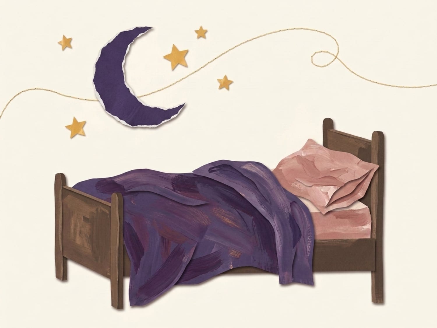 Papercut illustration of an empty child's bed under a crescent moon and stars - sleep troubles are common as the third birthday approaches