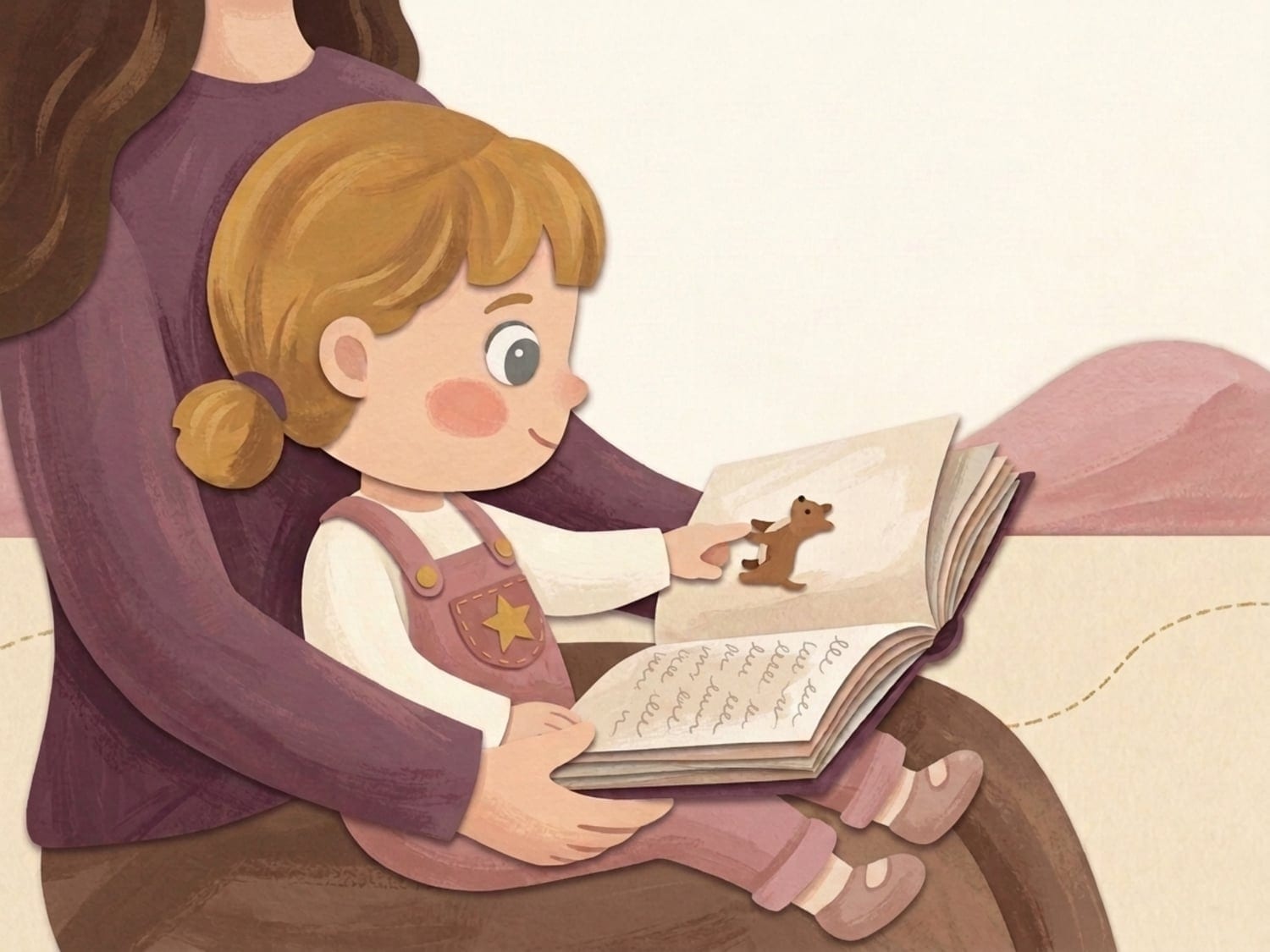 Papirnata ilustracija majke i djeteta koji zajedno čitaju slikovnicu, rano zajedničko čitanje potiče razvoj govora