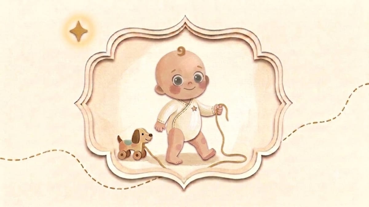 Papirnata ilustracija sigurnog djeteta koje vuče drvenu igračku na uzici u ukrasnom okviru - što očekivati od djeteta u sedamnaestom i osamnaestom mjesecu života