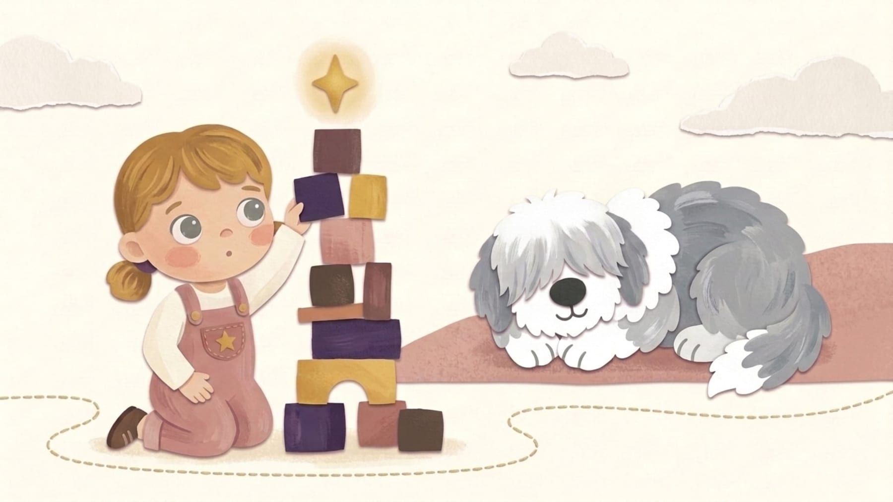 Papirnata ilustracija djeteta koje samostalno slaže visoki toranj od kockica dok pas spava iza njega - što očekivati od djeteta s dvije godine i devet mjeseci
