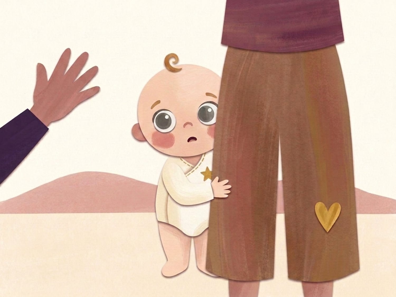 Papercut illustration of a shy toddler clinging to a parent's leg and peeking at an unfamiliar waving hand - staying close during stranger anxiety