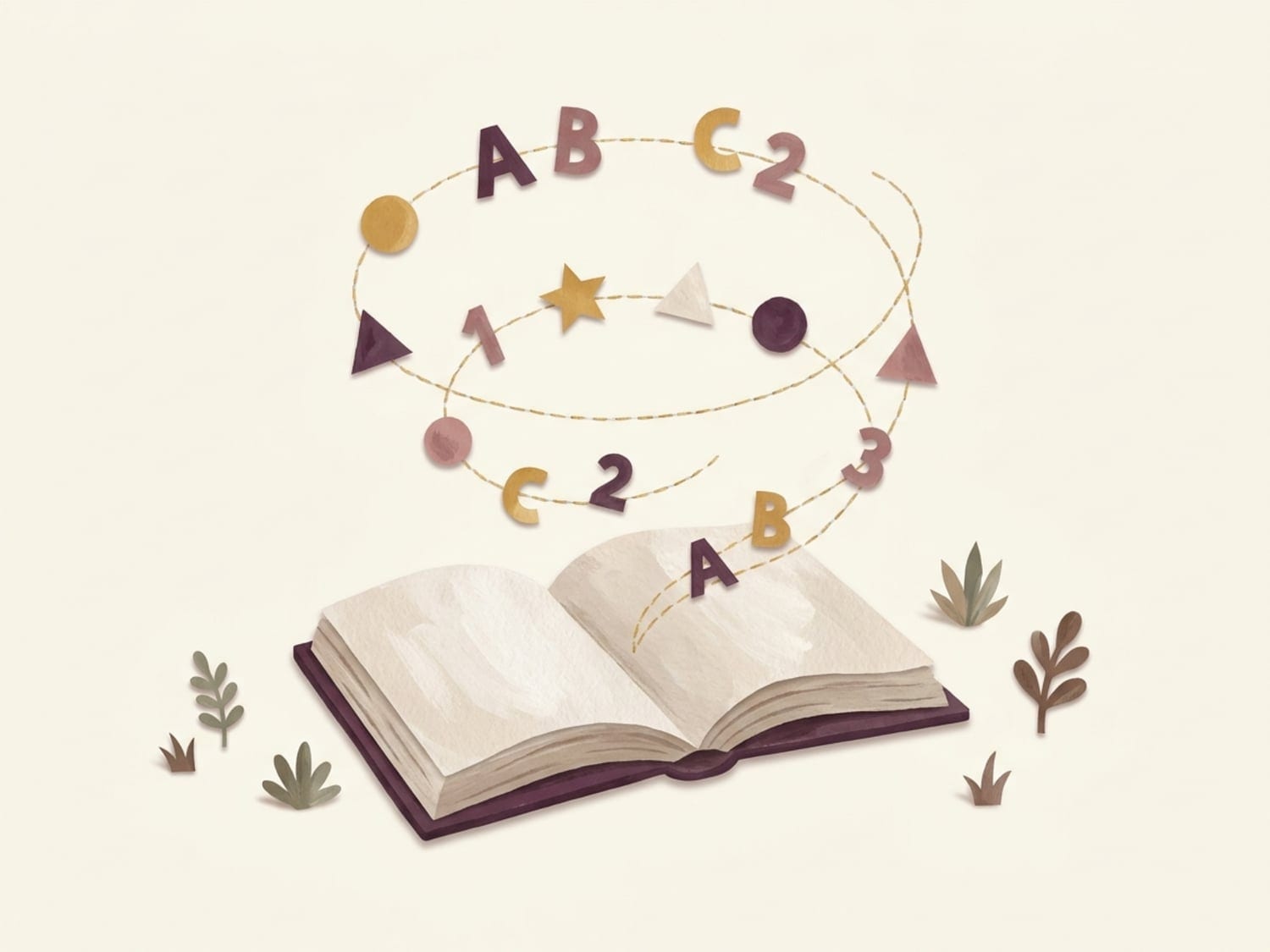 Papercut illustration of letters, numbers and shapes spiralling up from an open book - a three and a half year old's mind absorbing new information