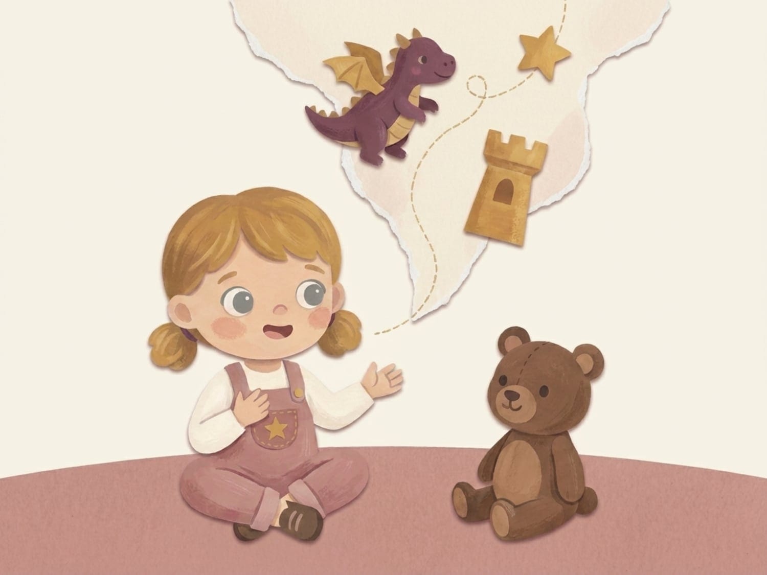 Papercut illustration of a child telling a story to a teddy bear as a dragon, castle and star rise in a thought cloud - the rich imagination of a three and a half year old