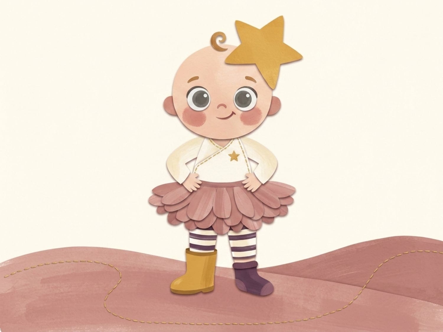 Papercut illustration of a toddler in a self-chosen mismatched outfit with a tutu, striped tights and odd boots - first signs of fashion sense and pickiness