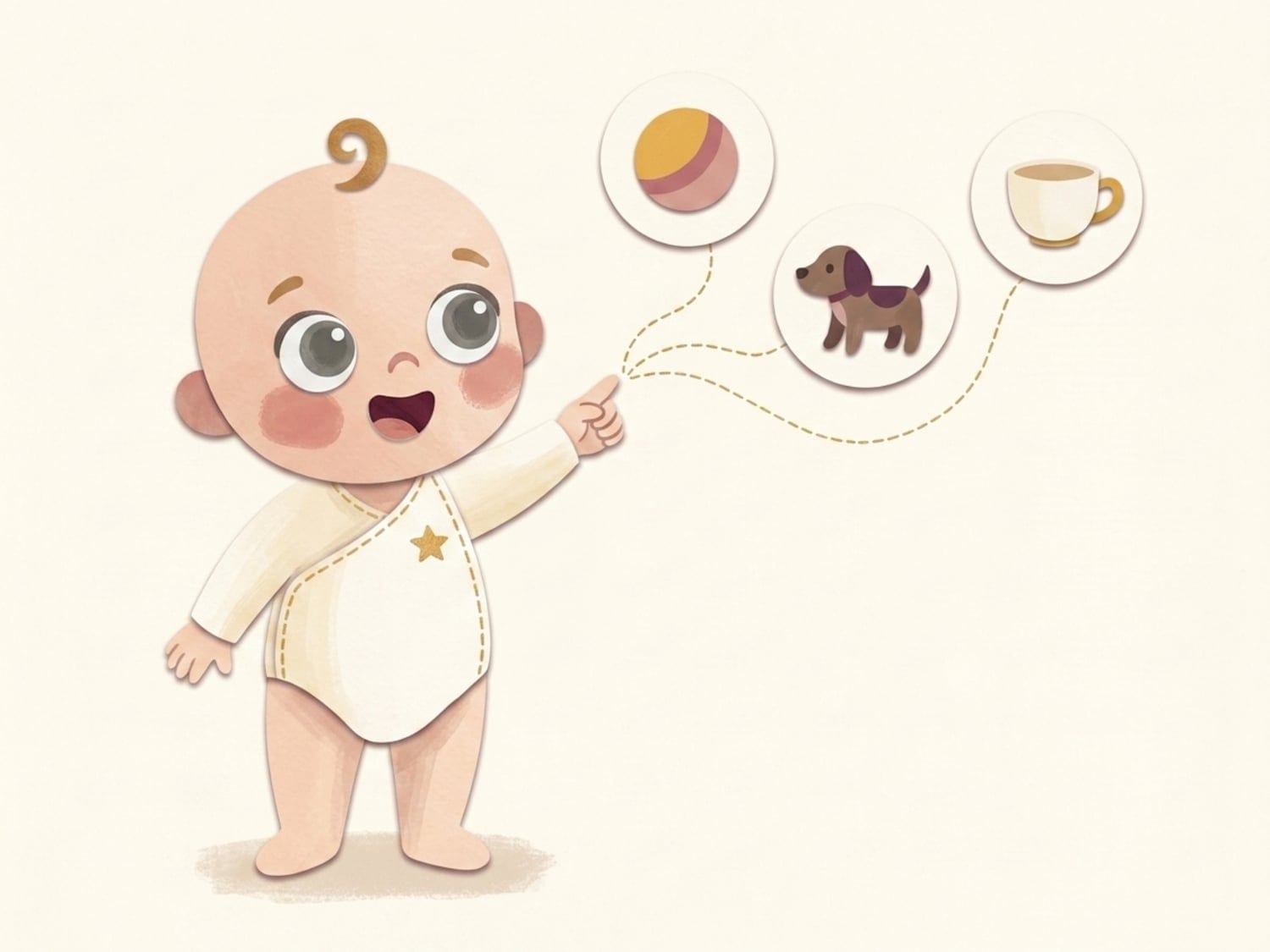 Papercut illustration of a toddler pointing at picture-bubbles of a ball, a dog and a cup - naming the world as vocabulary grows fast