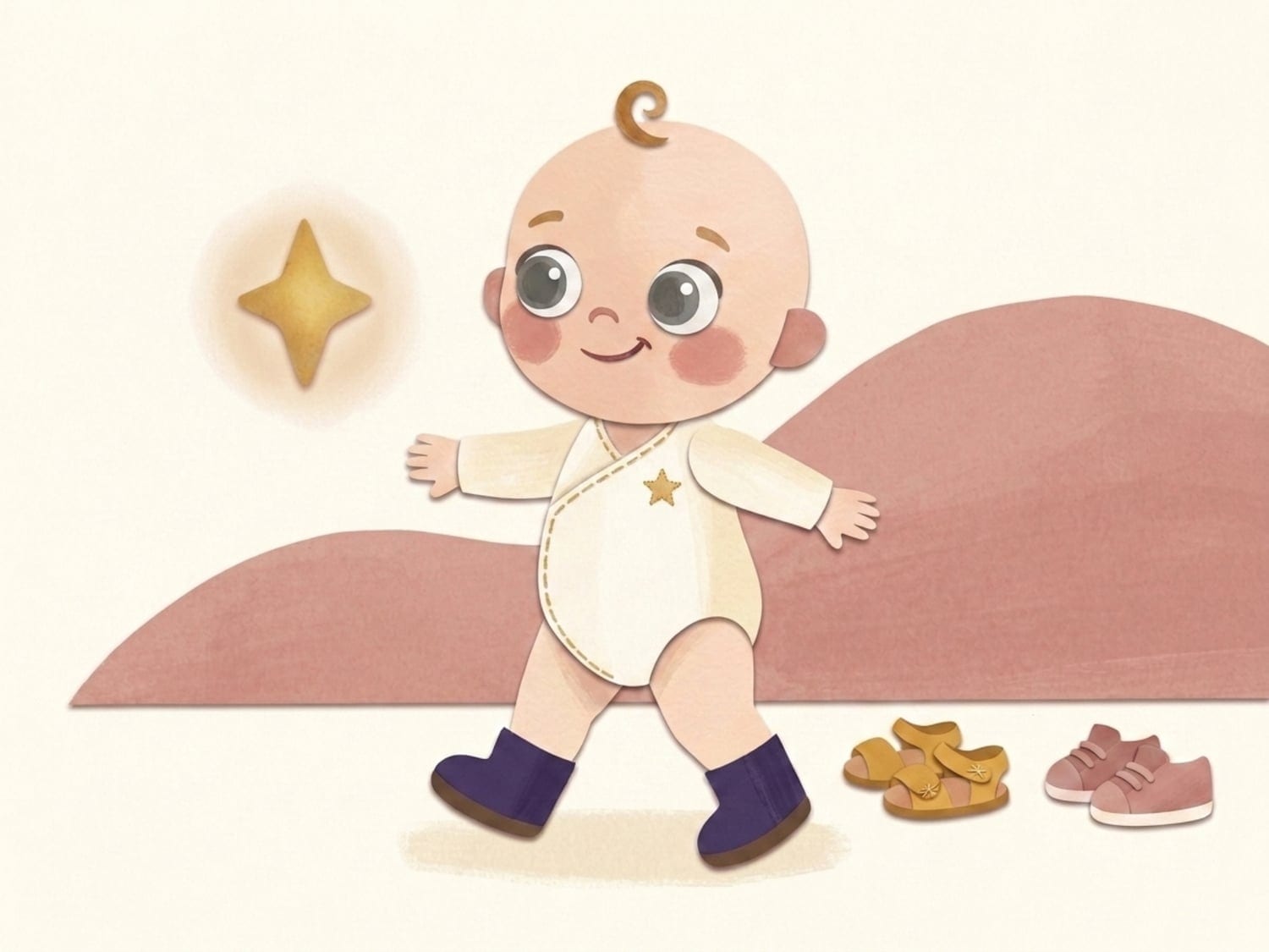 Papercut illustration of a toddler walking in little boots as a golden spark leads the way, more shoes nearby - officially walking and loving footwear