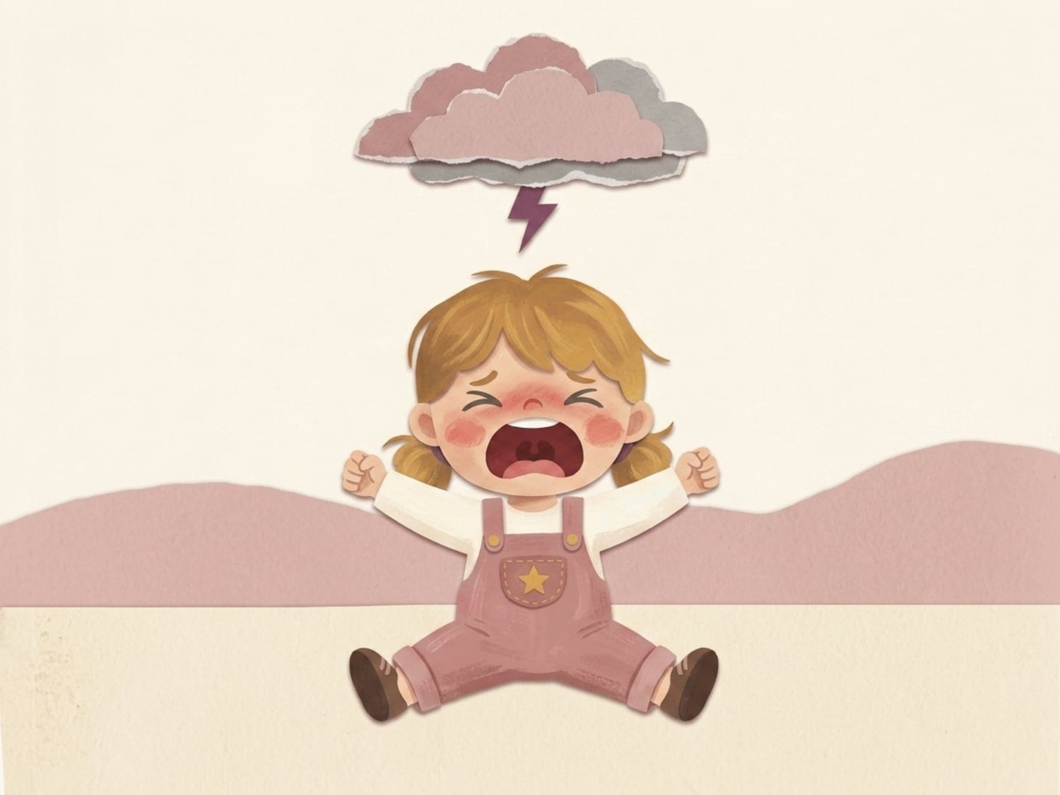 Papercut illustration of a wailing toddler with fists raised under a storm cloud and lightning bolt - tantrums and emotional outbursts test every parent