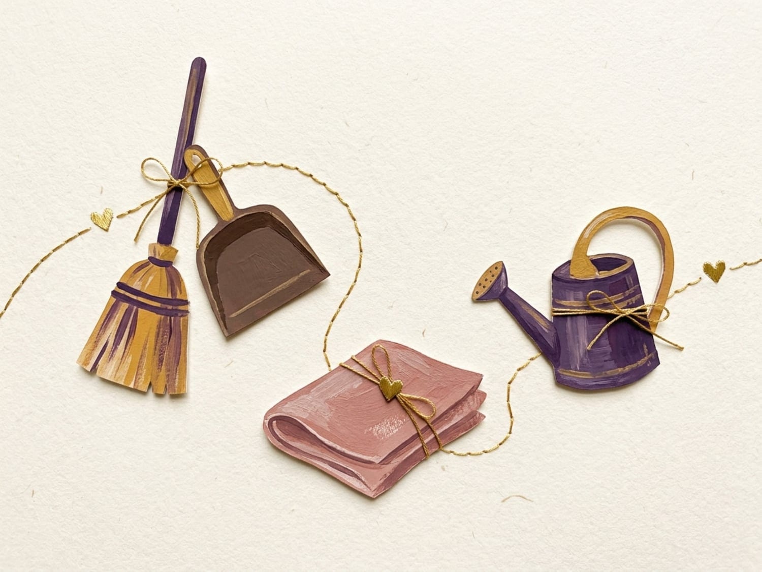 Papercut illustration of a little broom, dustpan, folded cloth and watering can tied with golden hearts - the eager let-me-help phase
