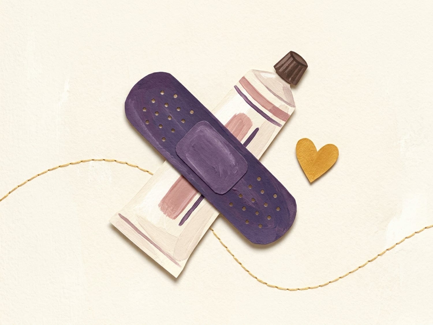 Papercut illustration of a sticking plaster crossed over a tube of cream with a small heart - a new awareness of bumps and bruises brings a cautious phase at two